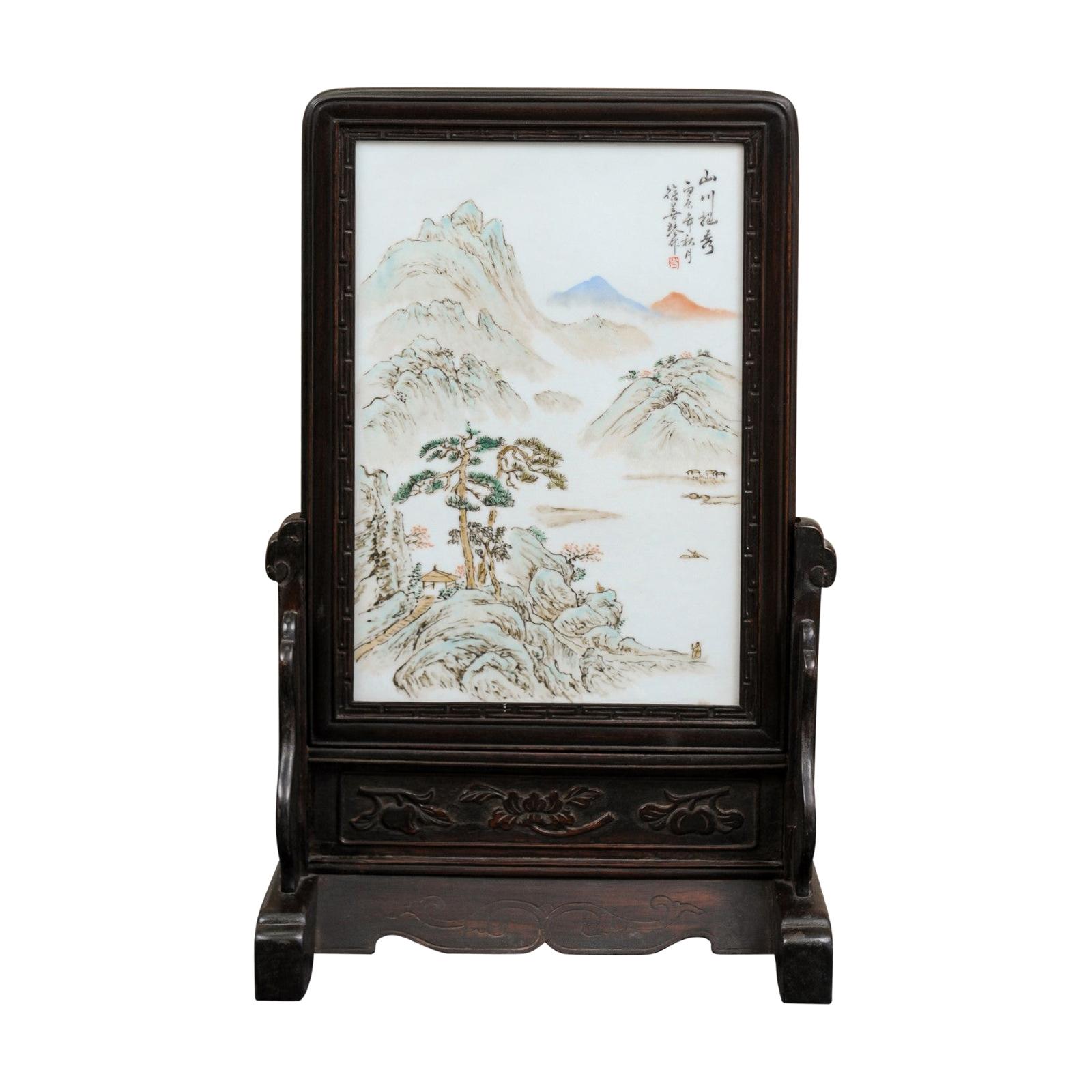 Signed Qing/Republic Chinese Porcelain Table Screen For Sale