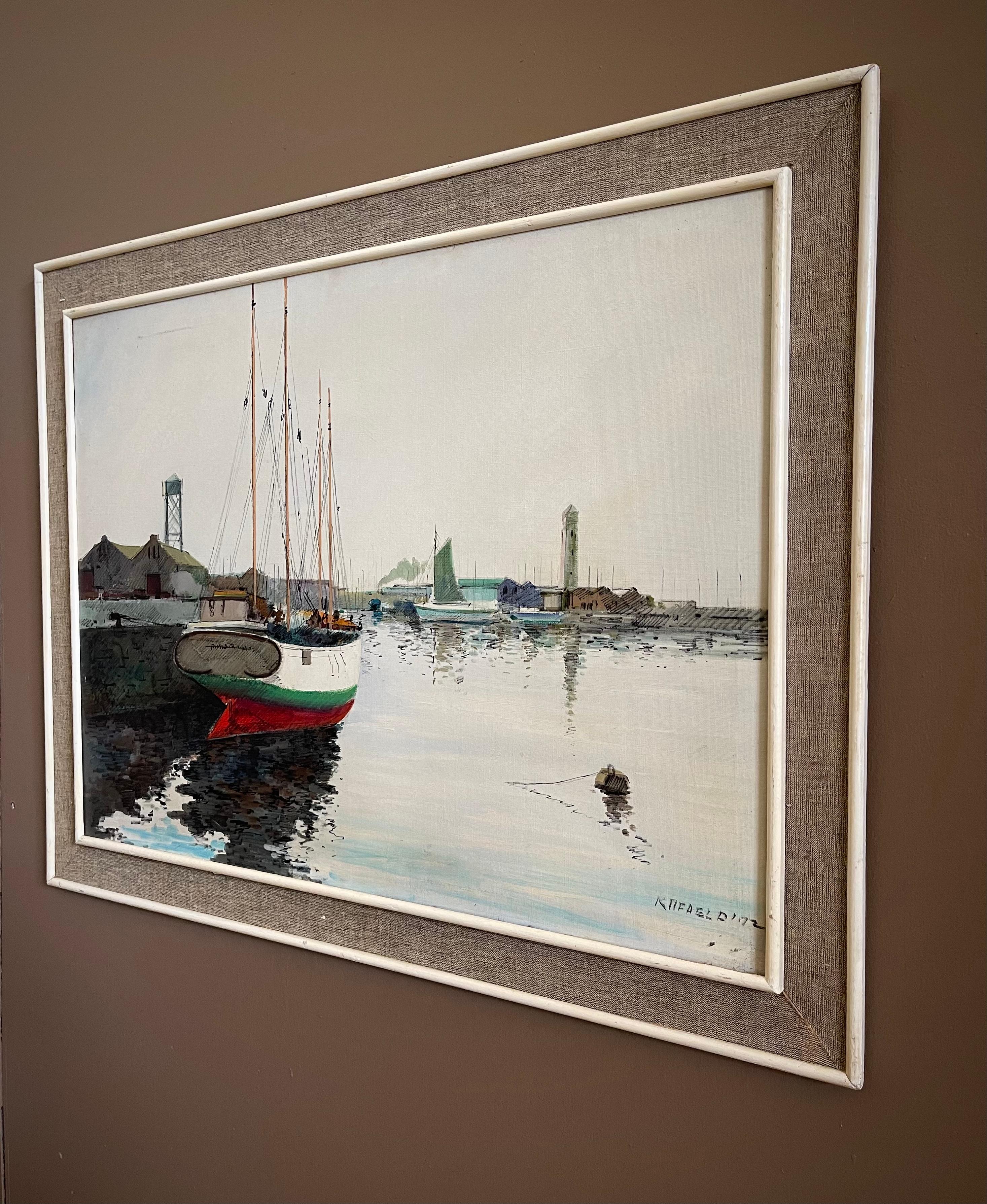 Immerse yourself in this serene maritime scene of boats swaying on the water tied in a calm harbor. Painting is oil on canvas framed in a creamy white narrow frame with a natural linen mat section. Signed by Rafael Diaz. Actual image measurement is