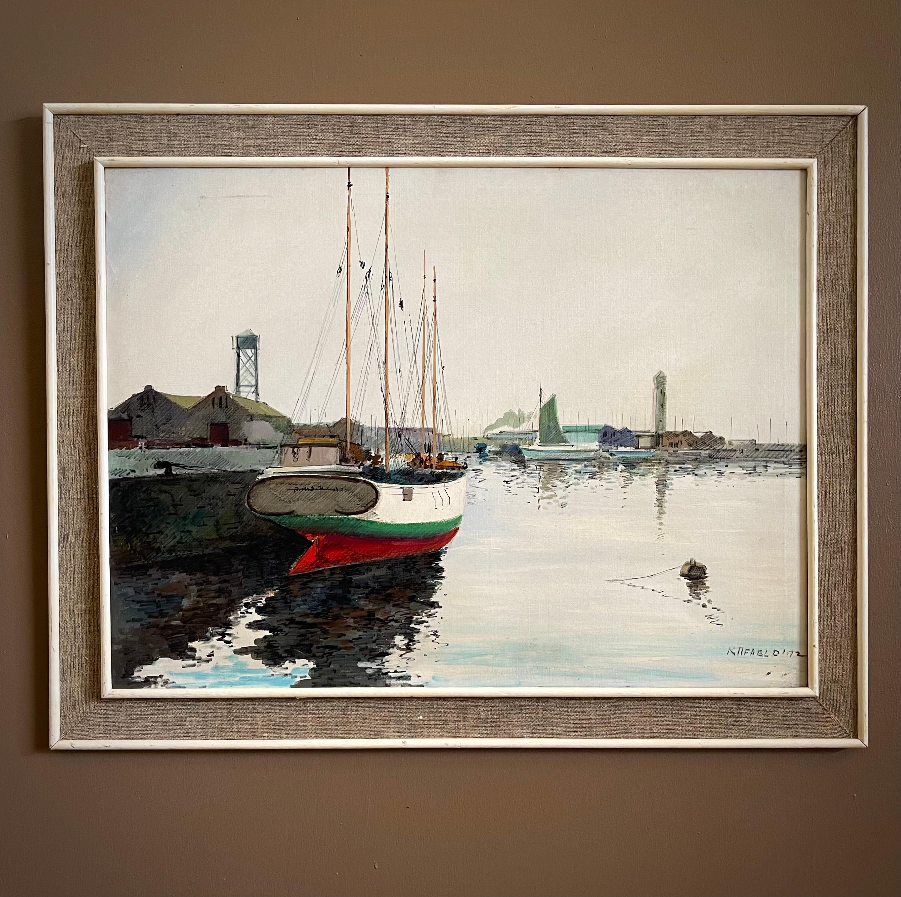 Brushed Signed Rafael Diaz MCM Maritime/Nautical/Coastal Sailboat Harbor Oil Painting For Sale