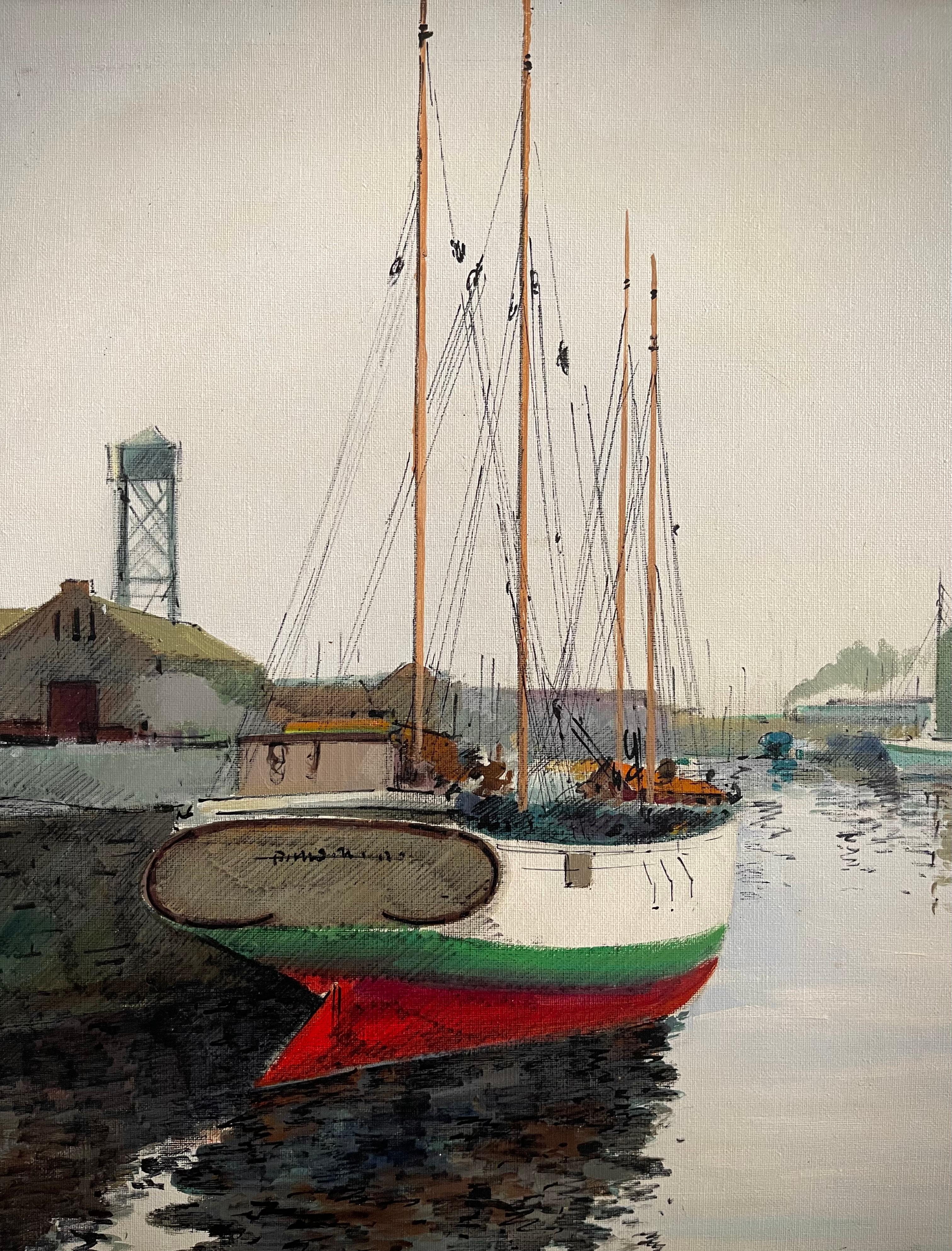 Canvas Signed Rafael Diaz MCM Maritime/Nautical/Coastal Sailboat Harbor Oil Painting For Sale