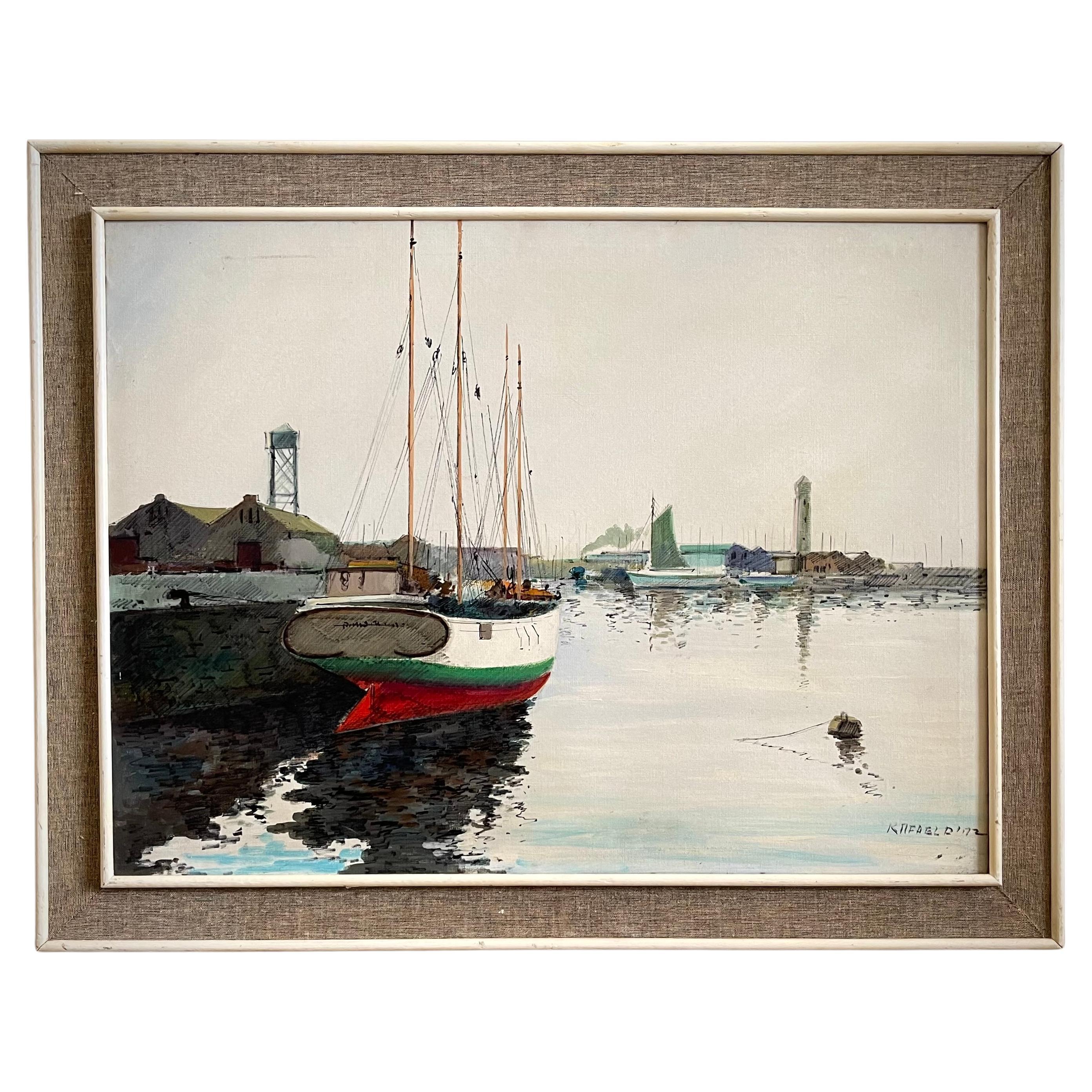 Signed Rafael Diaz MCM Maritime/Nautical/Coastal Sailboat Harbor Oil Painting For Sale