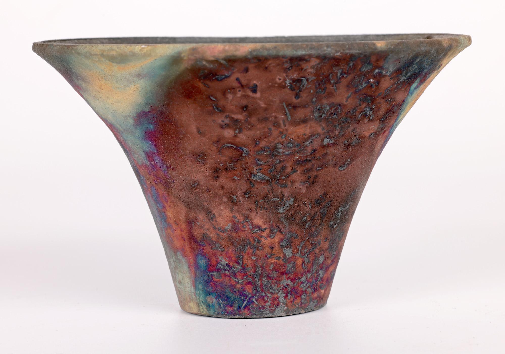 Signed Raku Glazed Flared Conical Shaped Vase For Sale 5