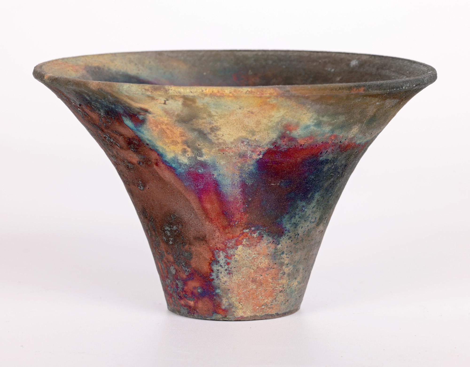 Signed Raku Glazed Flared Conical Shaped Vase For Sale 9
