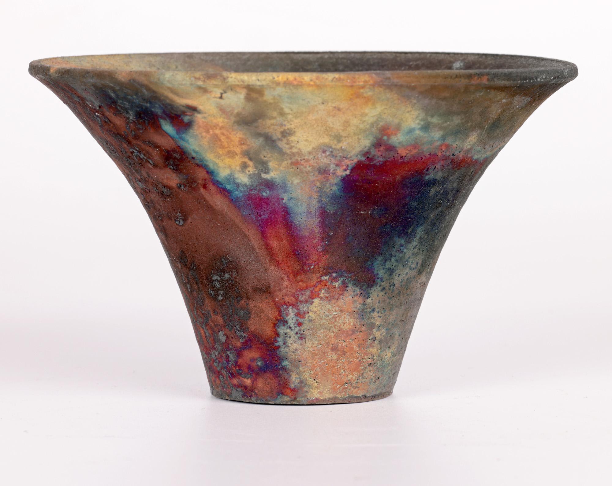 20th Century Signed Raku Glazed Flared Conical Shaped Vase For Sale