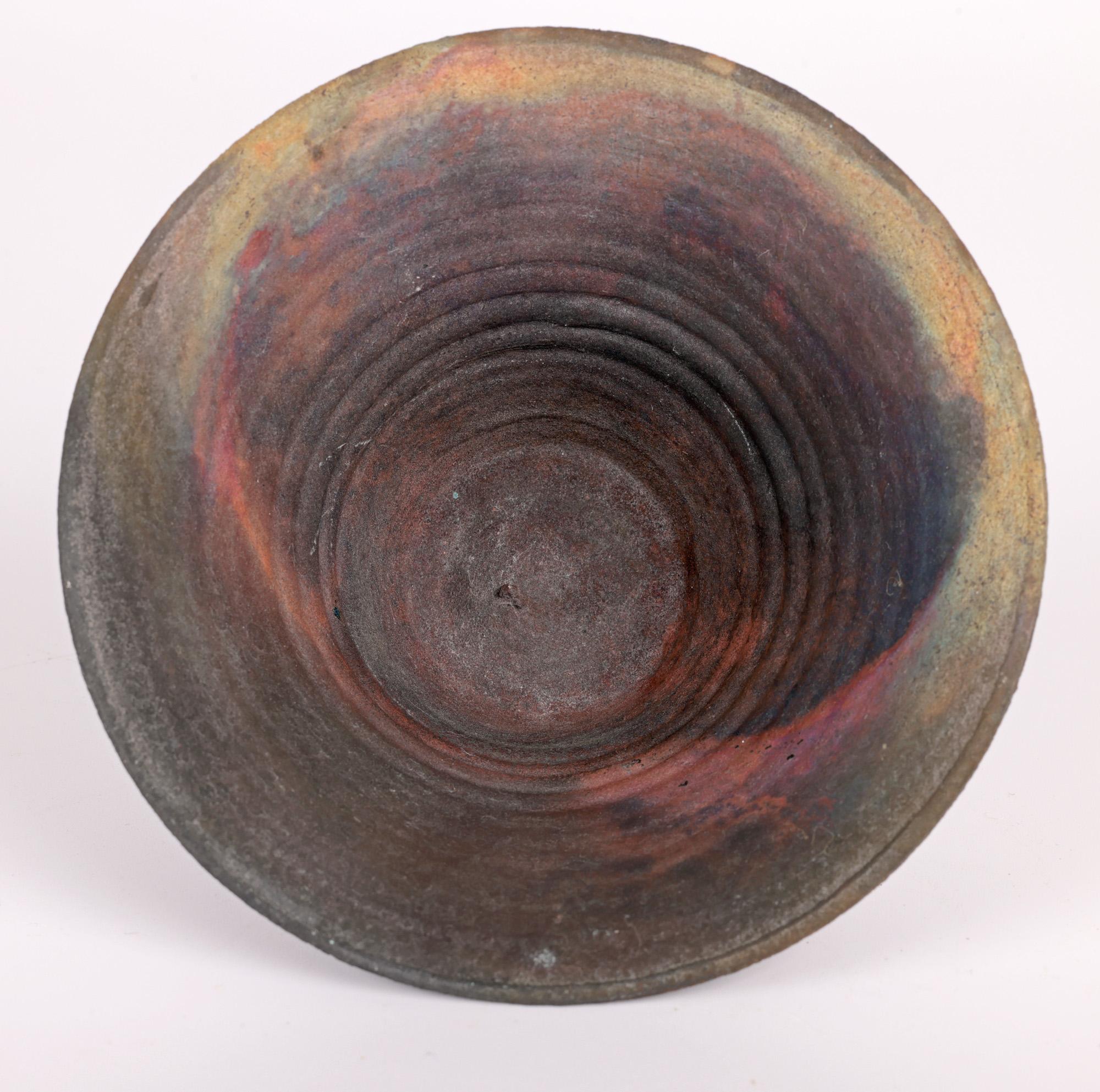Earthenware Signed Raku Glazed Flared Conical Shaped Vase For Sale