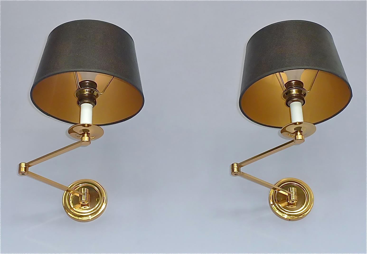 Hollywood Regency Signed Rare Pair Gilt Brass Maison Baguès Swing Arm Sconces Faux Snake Leather