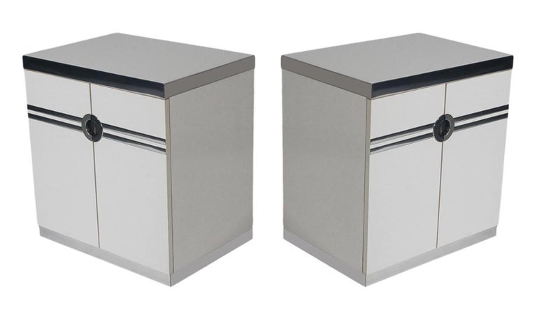 French Signed Rare Pierre Cardin White Veneer & Chrome Pair Nightstands for Dillingham For Sale