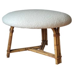 Signed Rattan and Creme Bouclé Ottoman by Audoux Minnet, France, 1960's