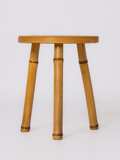 Signed Rattan & Bamboo Side Table or Stool by Maurice Lauer - France 1960's
