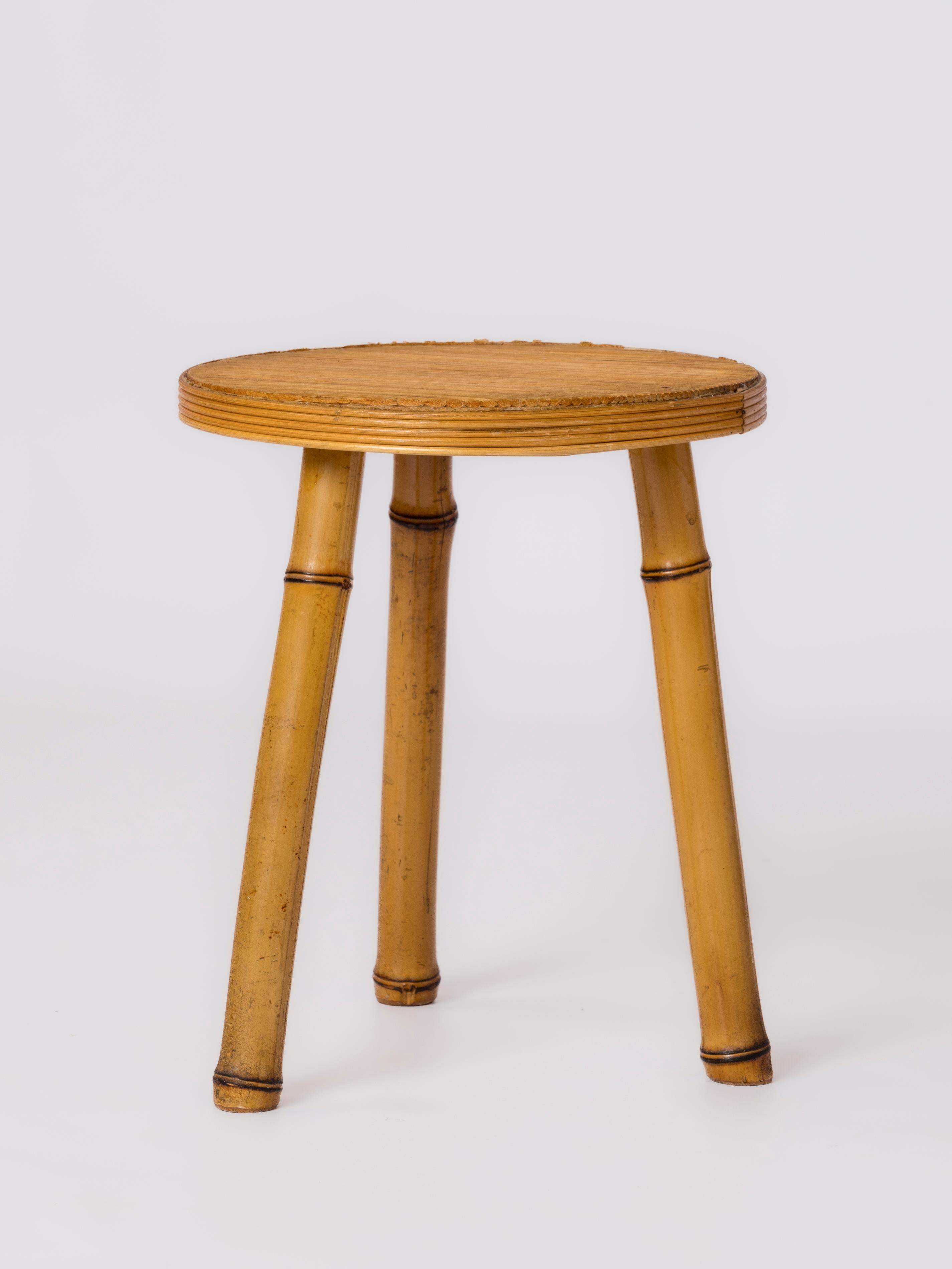 French Signed Rattan & Bamboo Side Table or Stool by Maurice Lauer - France 1960's For Sale