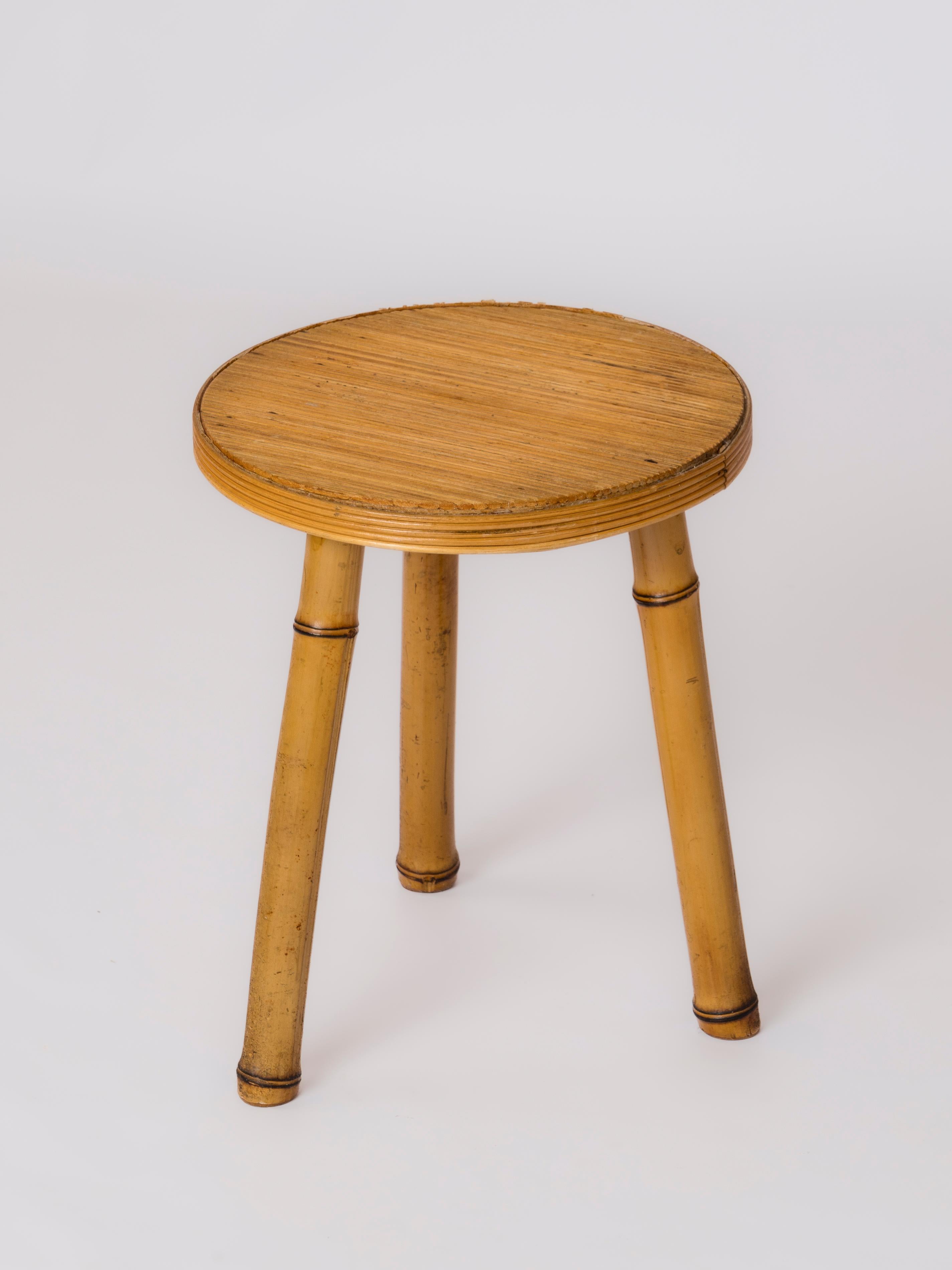 Signed Rattan & Bamboo Side Table or Stool by Maurice Lauer - France 1960's In Good Condition For Sale In New York, NY