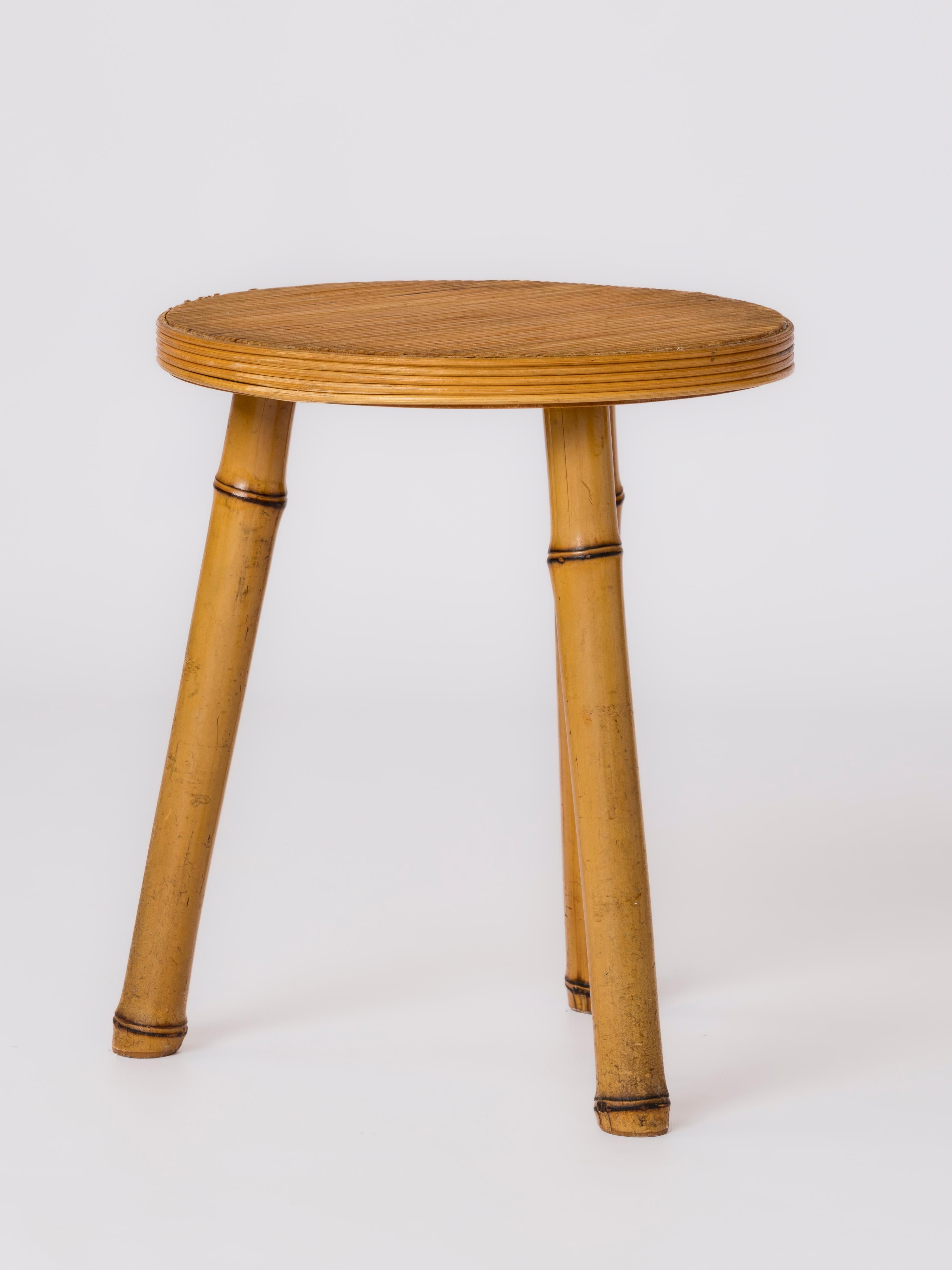 Mid-20th Century Signed Rattan & Bamboo Side Table or Stool by Maurice Lauer - France 1960's For Sale