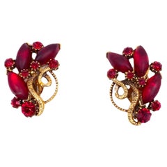 Signed Red Matte Stone Climber Clip-On Earrings
