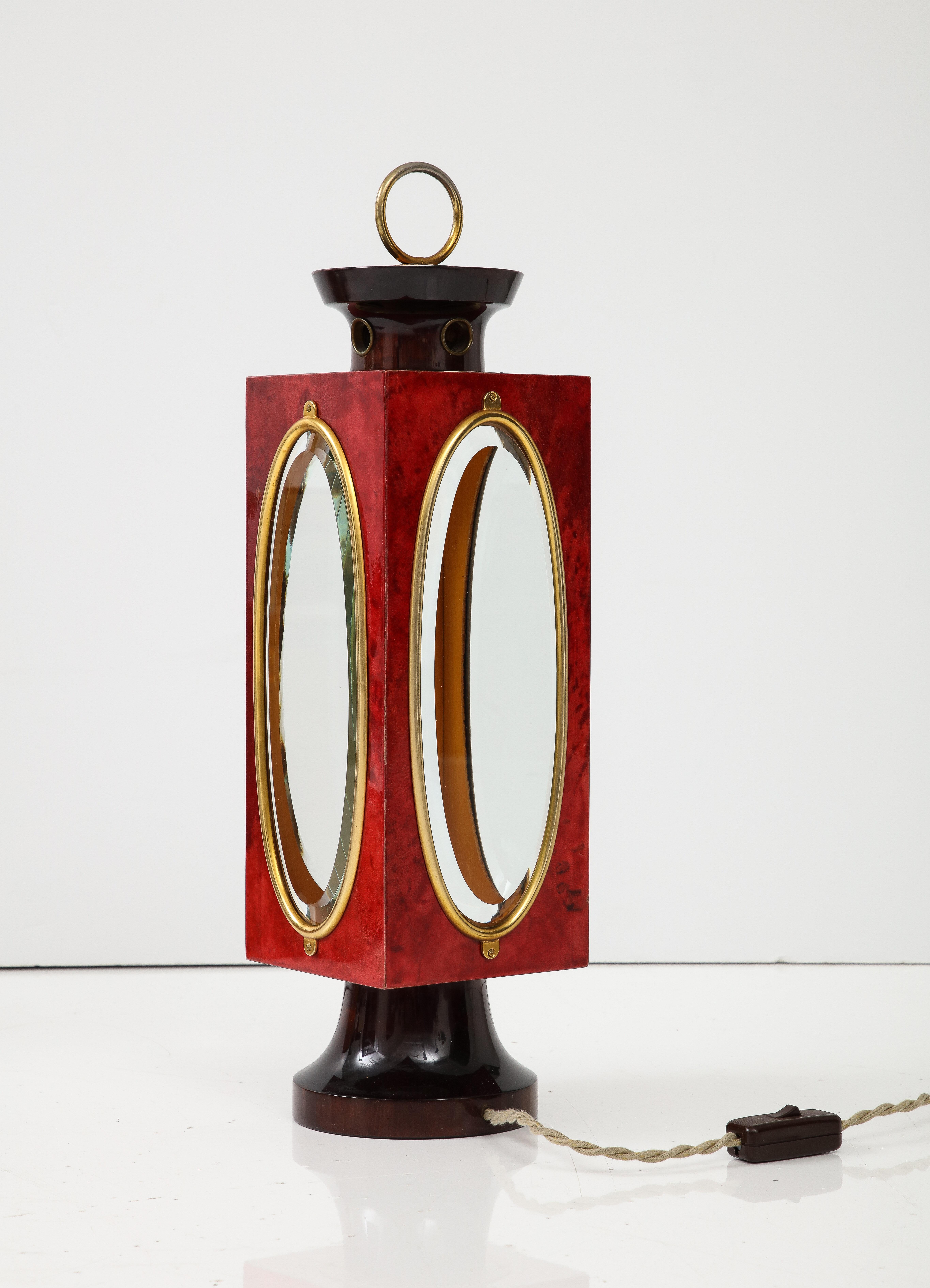 Signed Red Velum and Lacquered Wood Table Lantern Lamp, Aldo Tura, Italy, 1970s For Sale 5