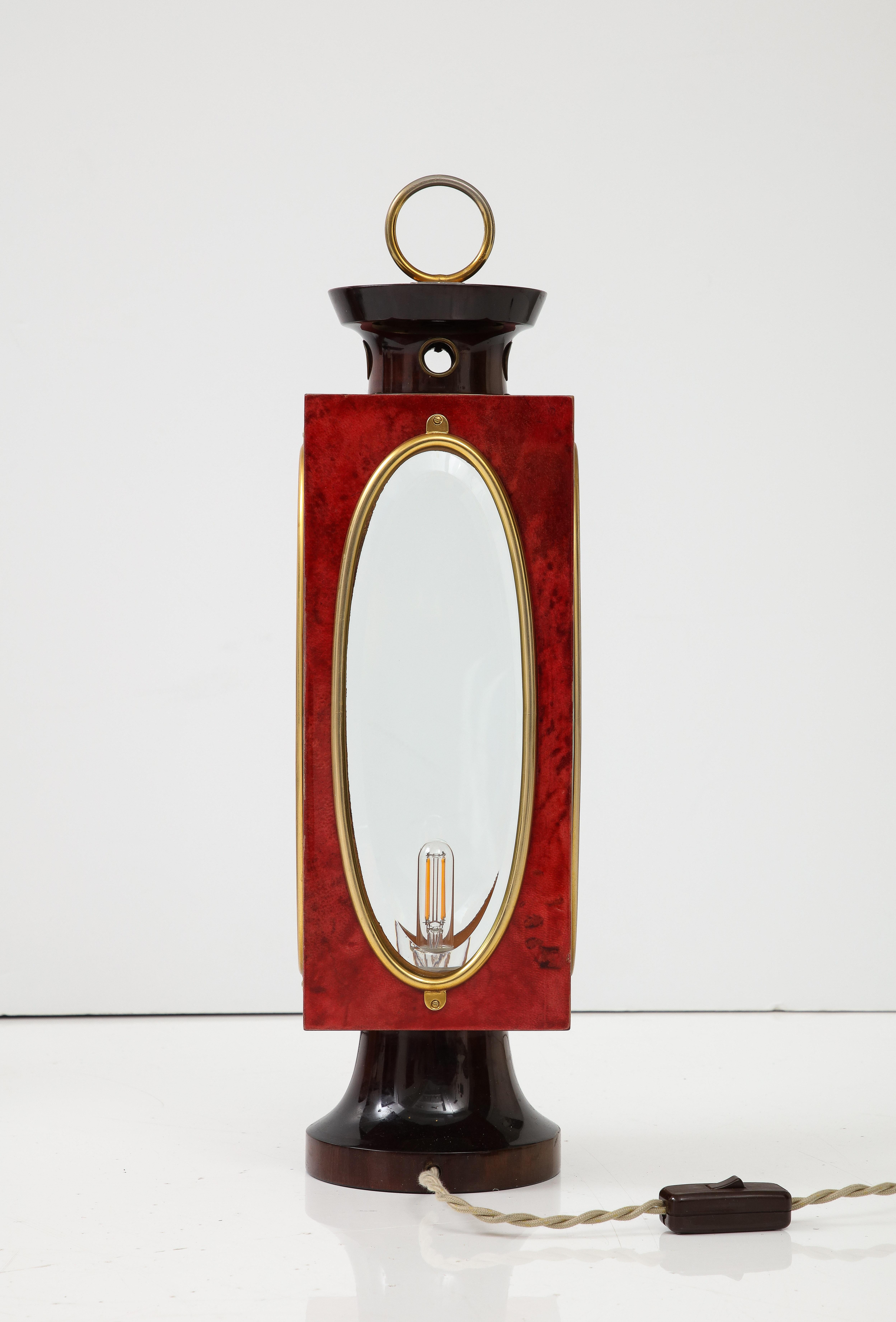 Signed Red Velum and Lacquered Wood Table Lantern Lamp, Aldo Tura, Italy, 1970s For Sale 6