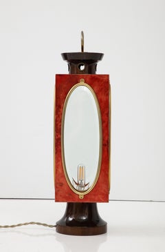 Signed Red Velum and Lacquered Wood Table Lantern Lamp, Aldo Tura, Italy, 1970s