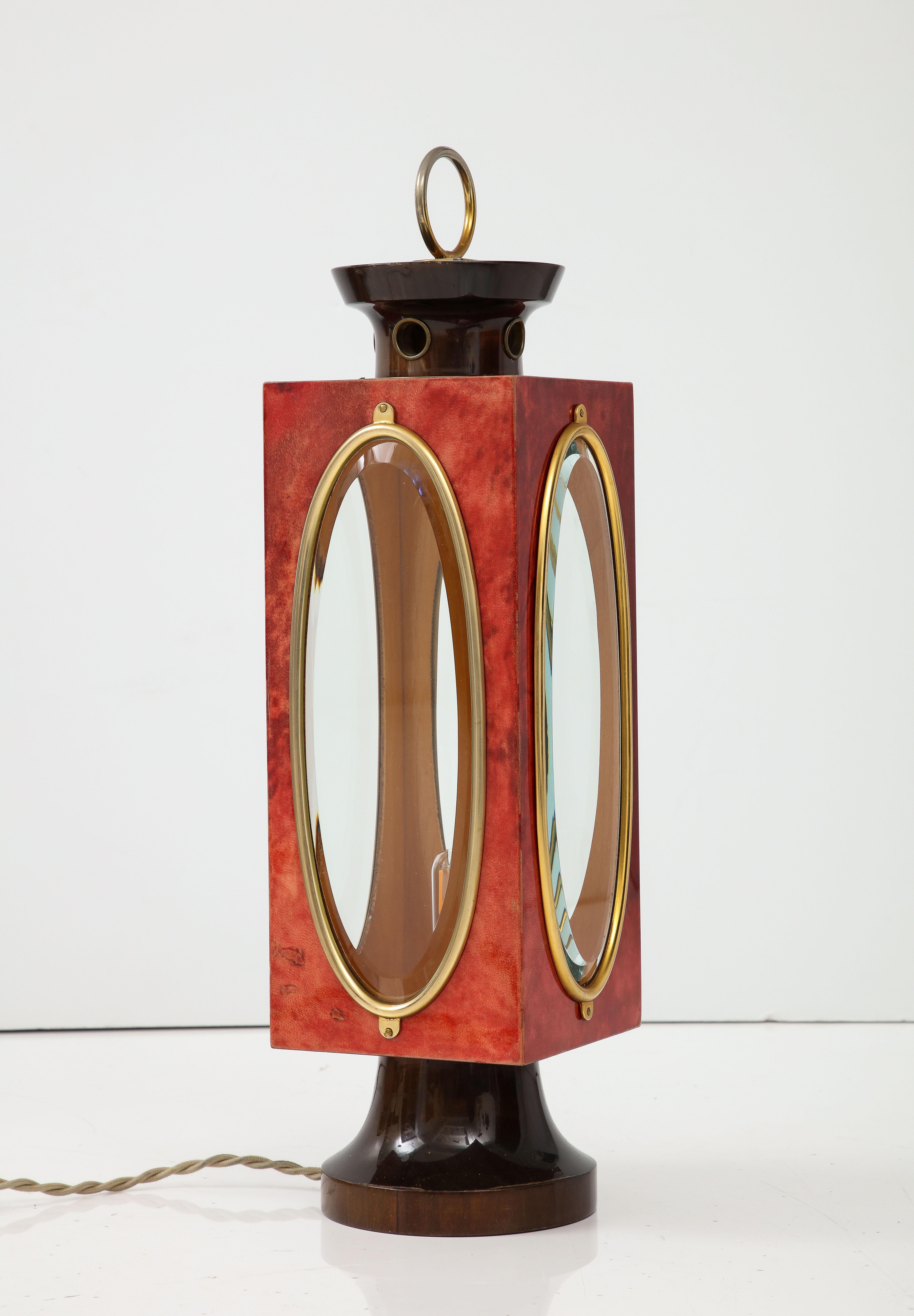 Italian Signed Red Velum and Lacquered Wood Table Lantern Lamp, Aldo Tura, Italy, 1970s For Sale