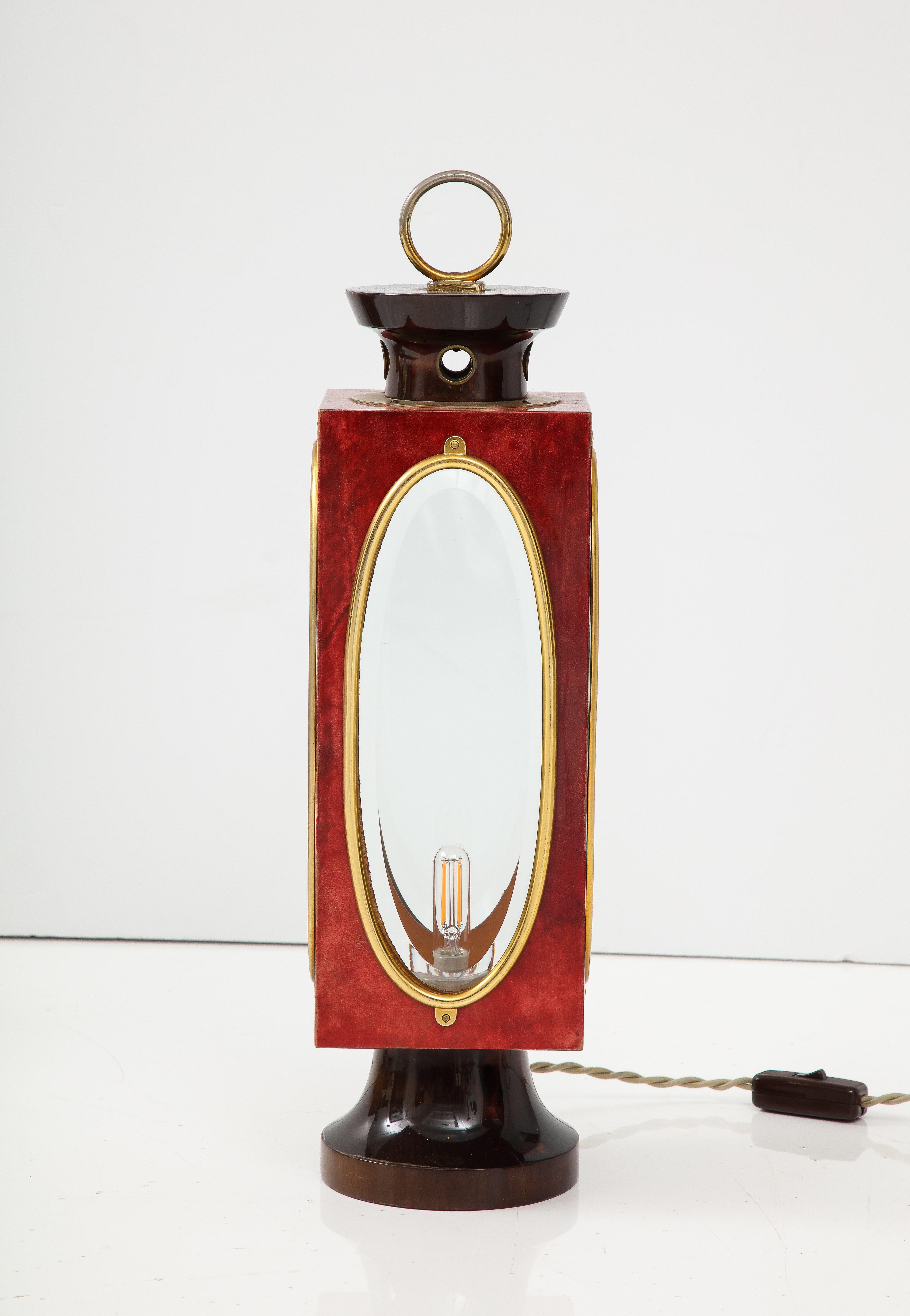 Signed Red Velum and Lacquered Wood Table Lantern Lamp, Aldo Tura, Italy, 1970s For Sale 1