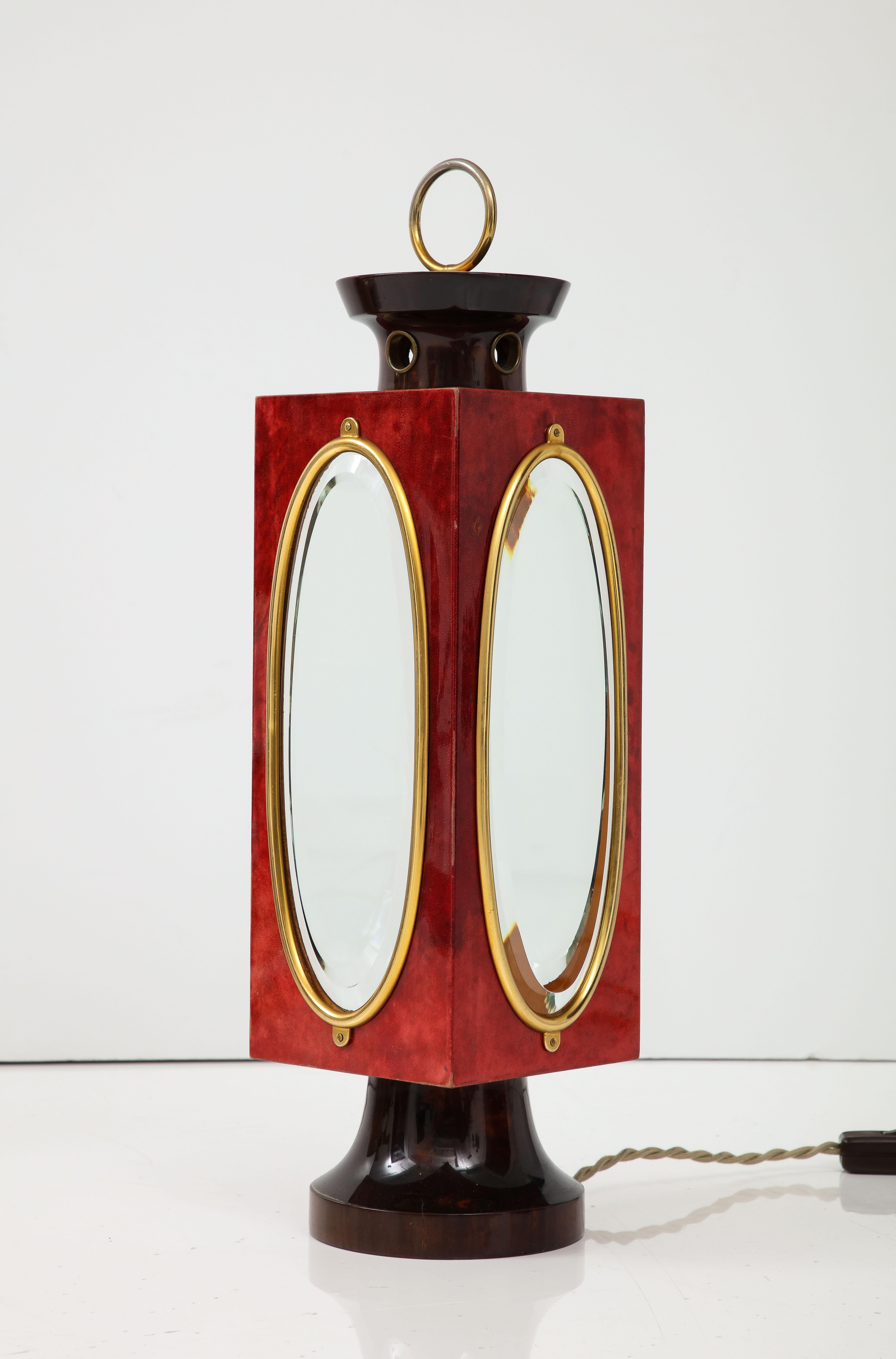 Signed Red Velum and Lacquered Wood Table Lantern Lamp, Aldo Tura, Italy, 1970s For Sale 3