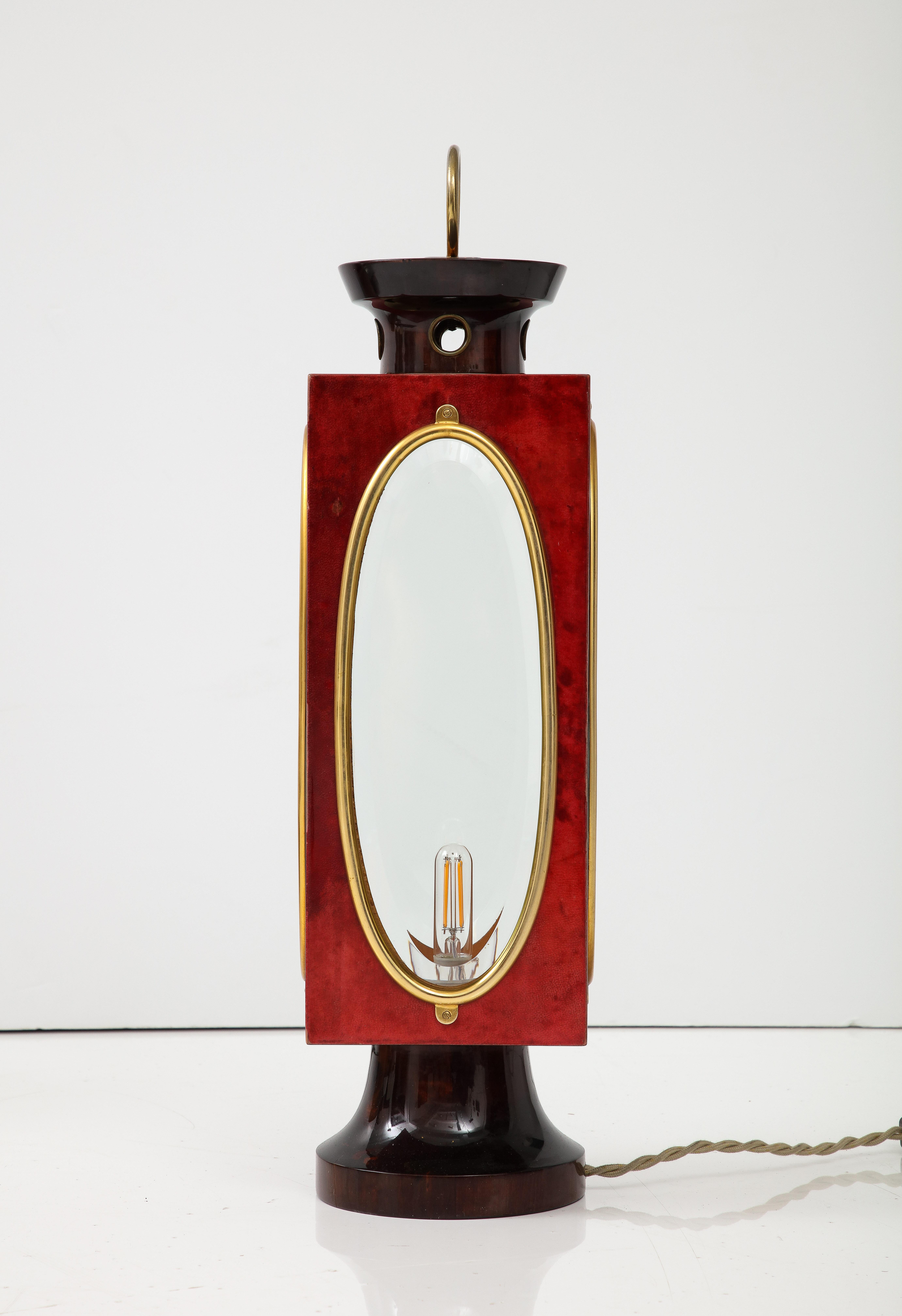 Signed Red Velum and Lacquered Wood Table Lantern Lamp, Aldo Tura, Italy, 1970s For Sale 4