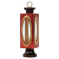 Signed Red Velum and Lacquered Wood Table Lantern Lamp, Aldo Tura, Italy, 1970s