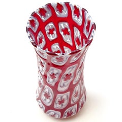 Signed Red White Millefiori Flower Mosaic Studio Art Glass Desk Flower Vase