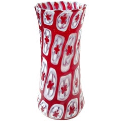 Signed Red White Millefiori Flower Mosaic Studio Art Glass Desk Flower Vase