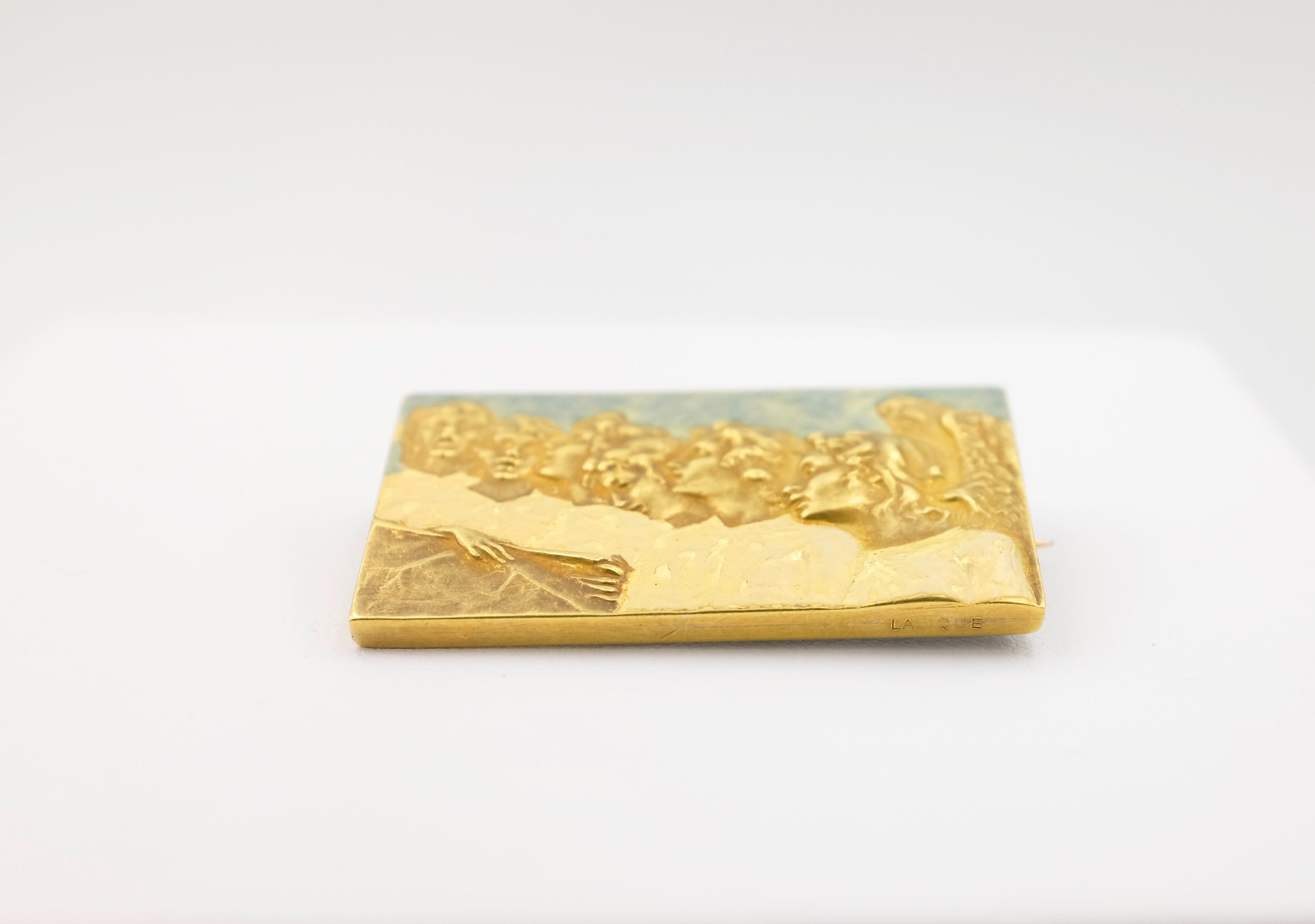 Art Nouveau Signed Rene Lalique Singing Angels Enamel on Gold Brooch