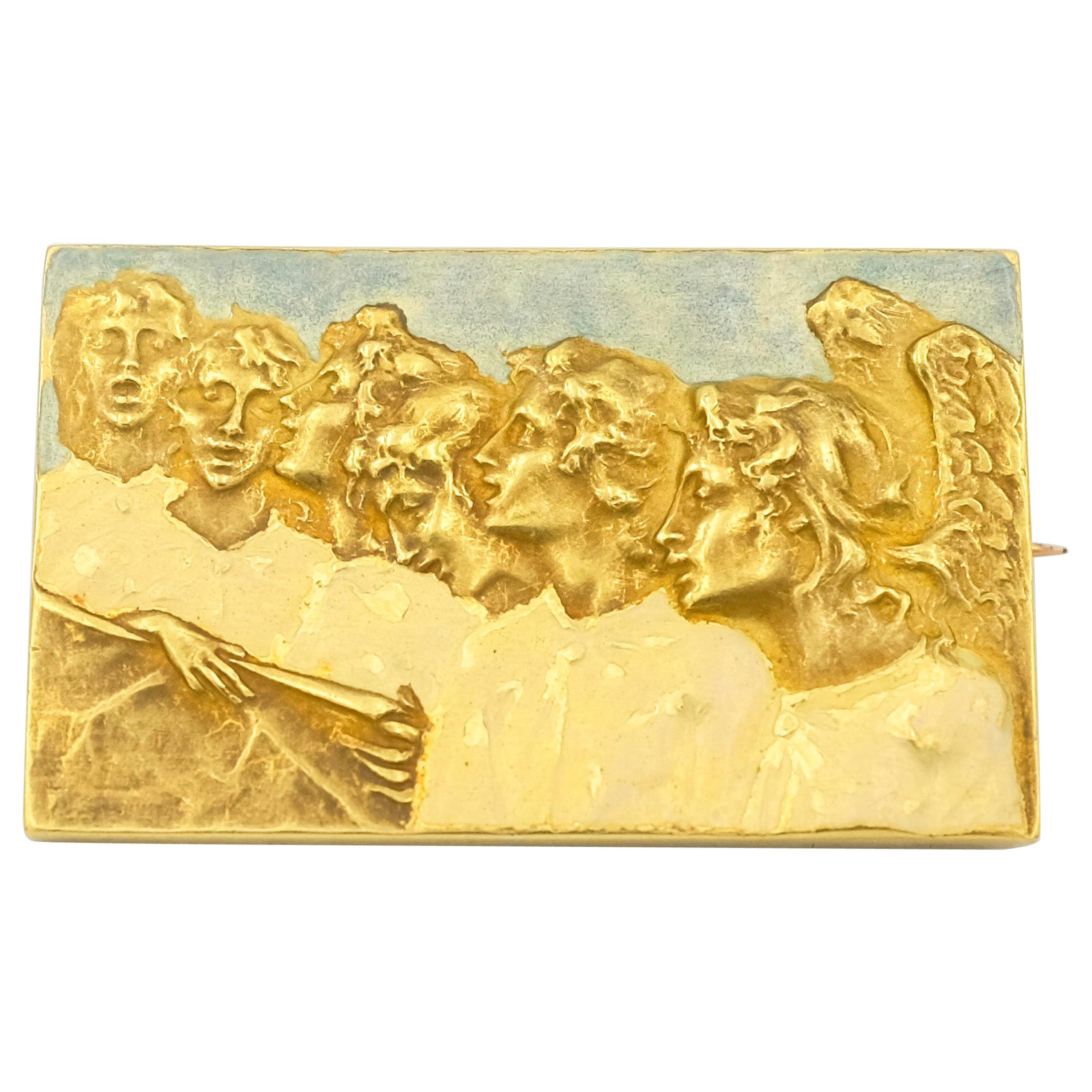 Signed Rene Lalique Singing Angels Enamel on Gold Brooch