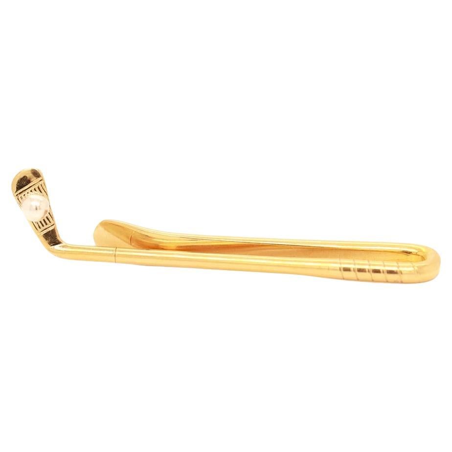 Signed Retro 14k Gold Golf Club Tie Clip Bar by Ballou For Sale