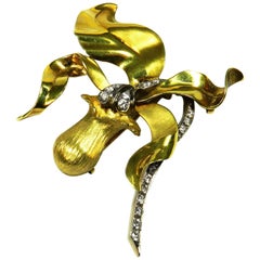 Signed Retro Diamond Gold Orchid Clip Brooch, circa 1950