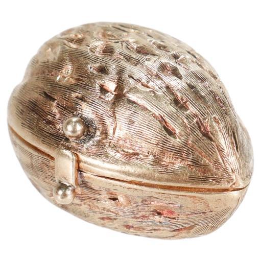 Signed Retro Figural 14k Gold Walnut Pill Box Signed by Cellino