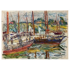 Antique Signed Richard Hayley Lever, 'Fishing Boats at St. Ives', Watercolor Painting