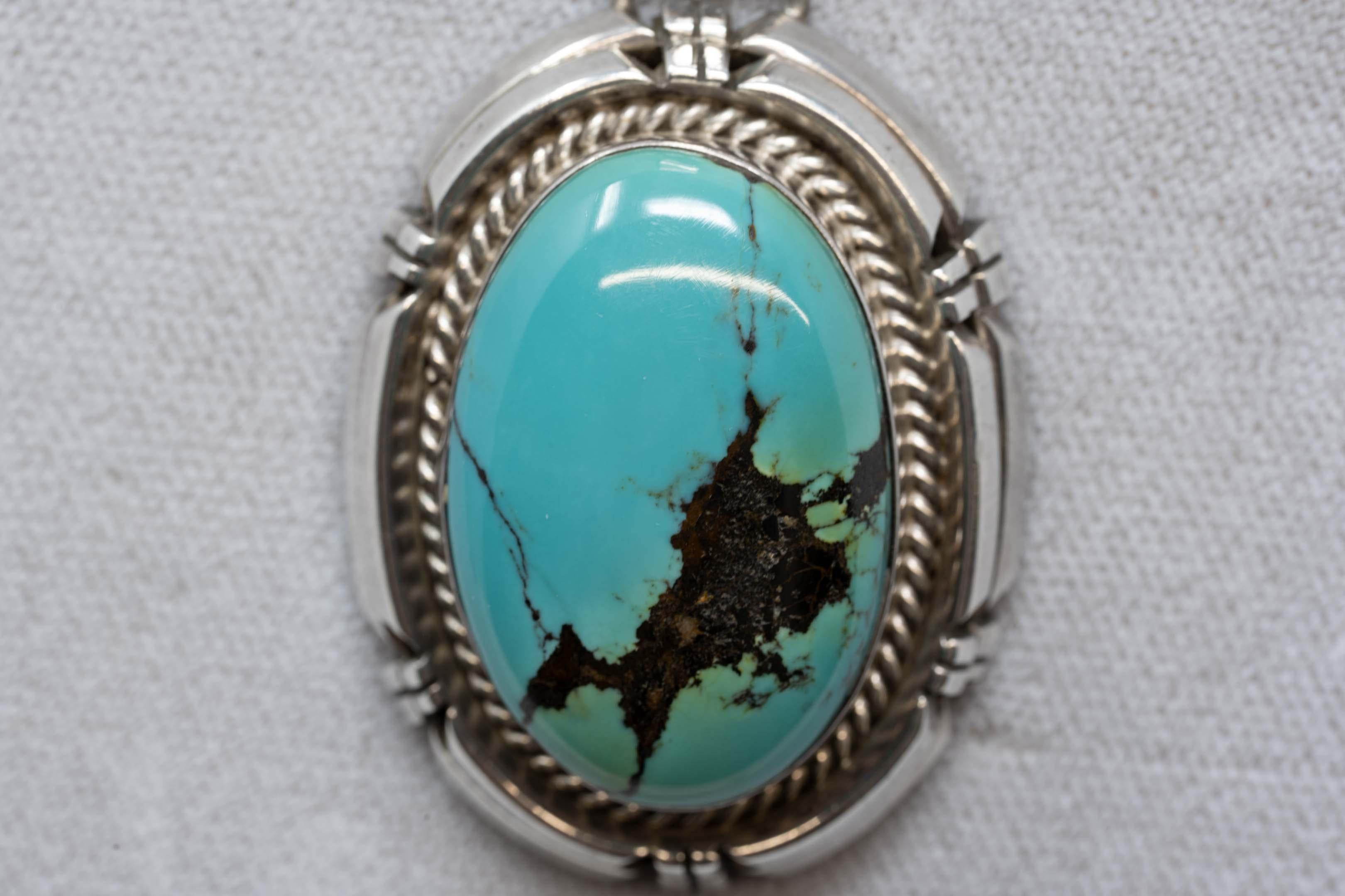 Cabochon Signed Rita Touchine Navajo Sterling Silver & Turquoise Pendant For Sale