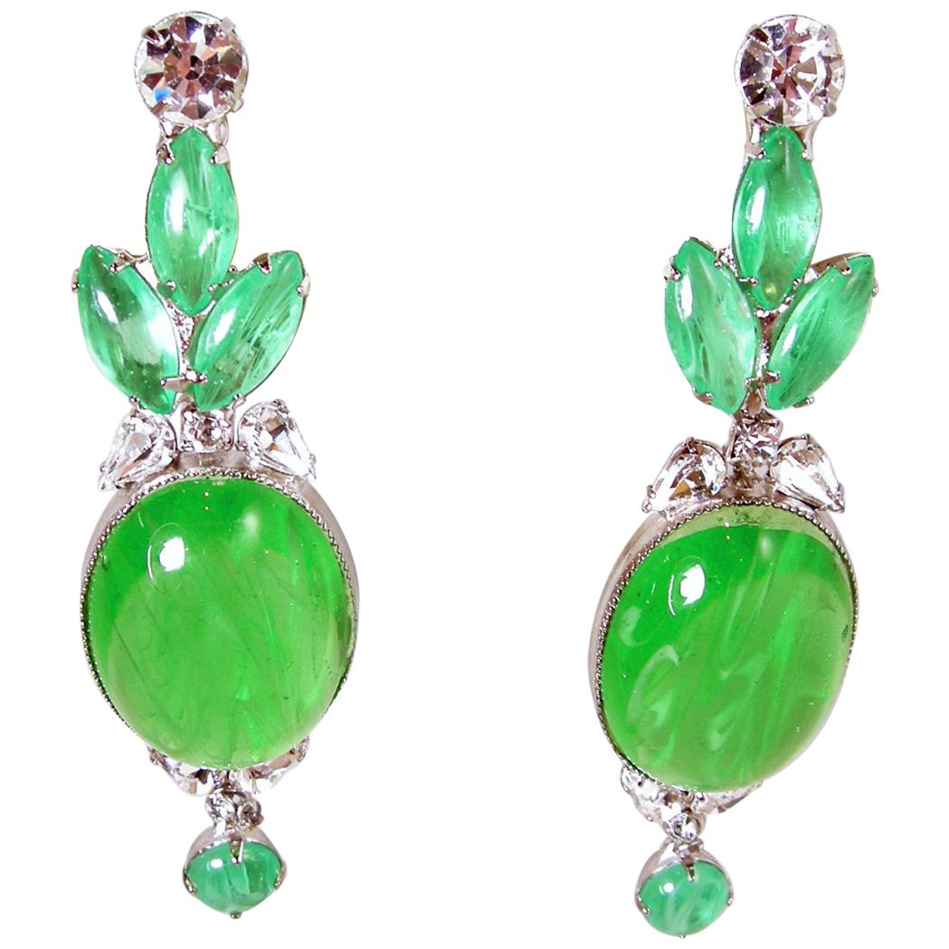 Signed Robert Sorrell Green & Clear Crystal Dangling Earrings