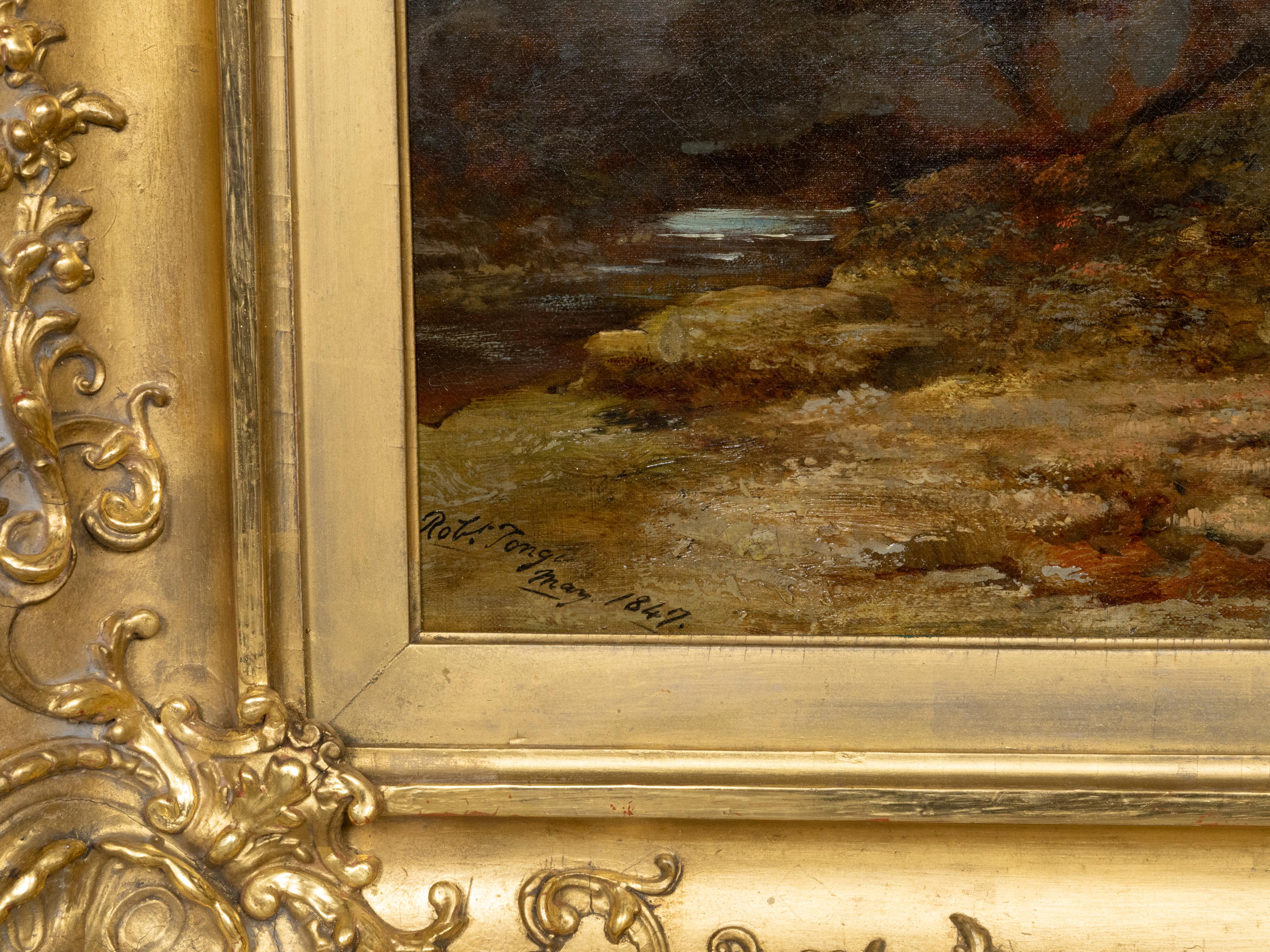 Signed Robert Tonge 1847 Oil on Canvas Pastoral Landscape Painting in Gilt Frame For Sale 5