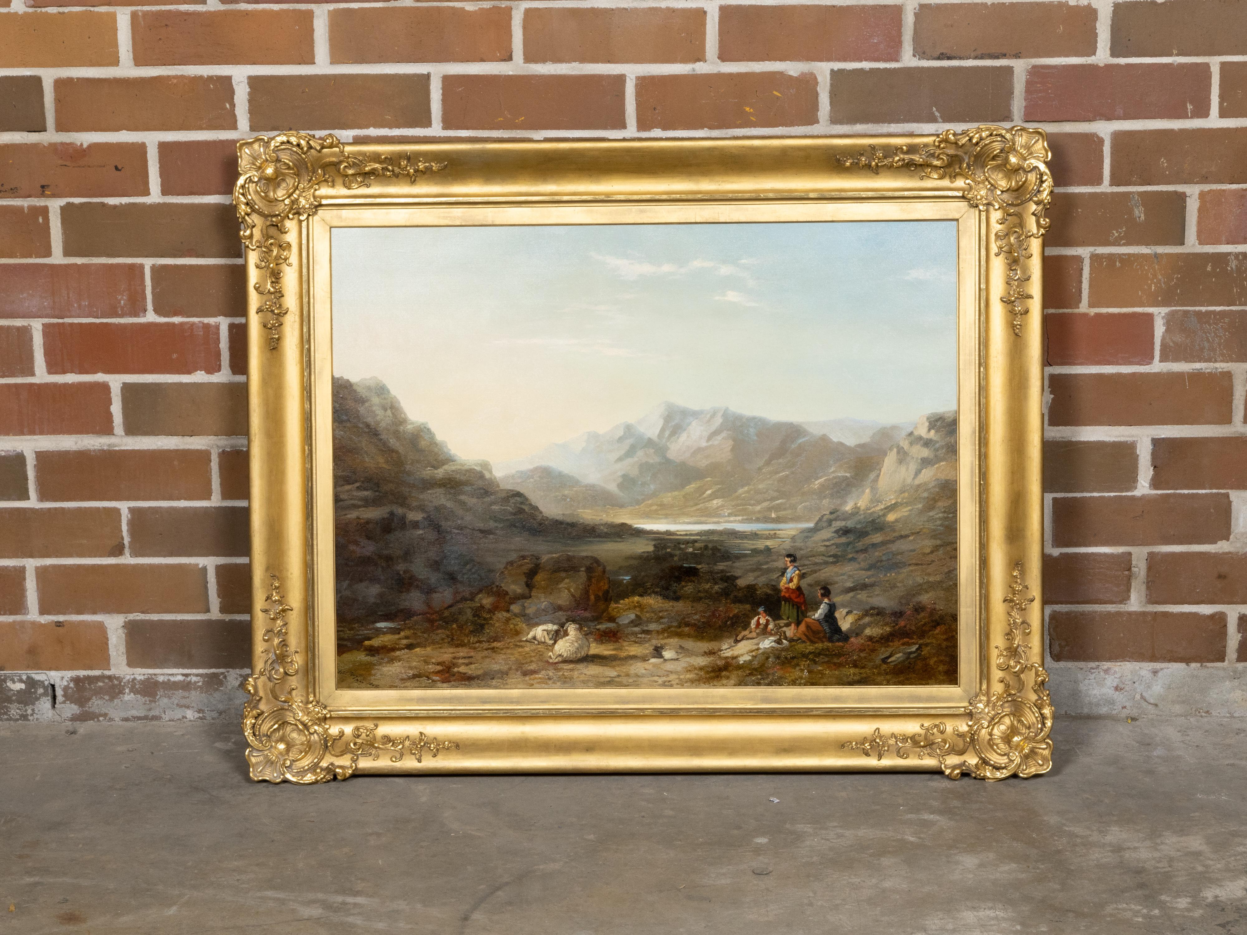 An oil on canvas landscape painting from circa 1847 by British painter Robert Tonge (1823 - 1856), signed and dated, depicting travelers and sheep in a landscape with a lake and mountains in the background. This captivating oil on canvas landscape