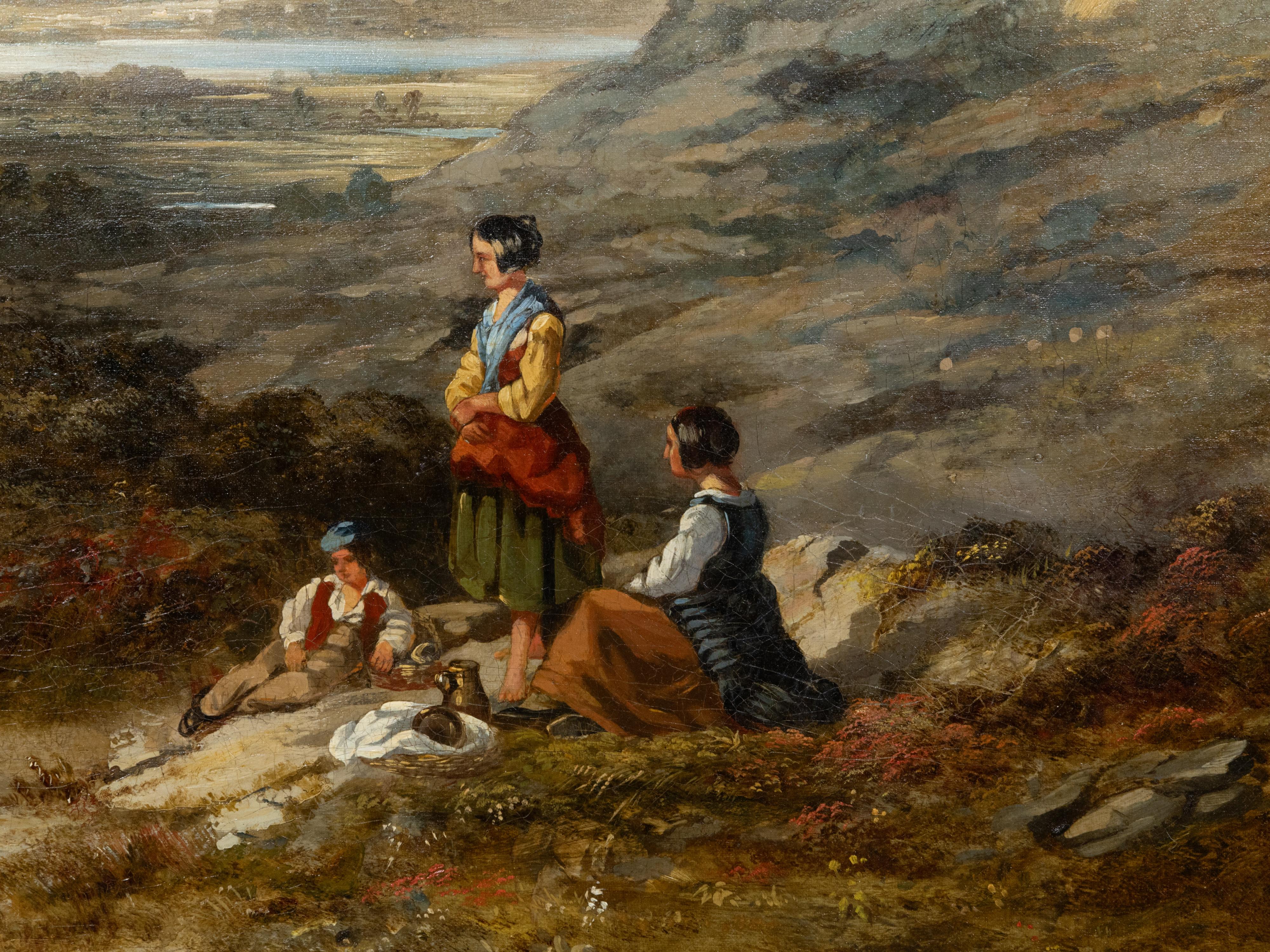 Anglais Huile sur toile signée Robert The 1847 Peinture de paysage pastoral dans un cadre doré en vente