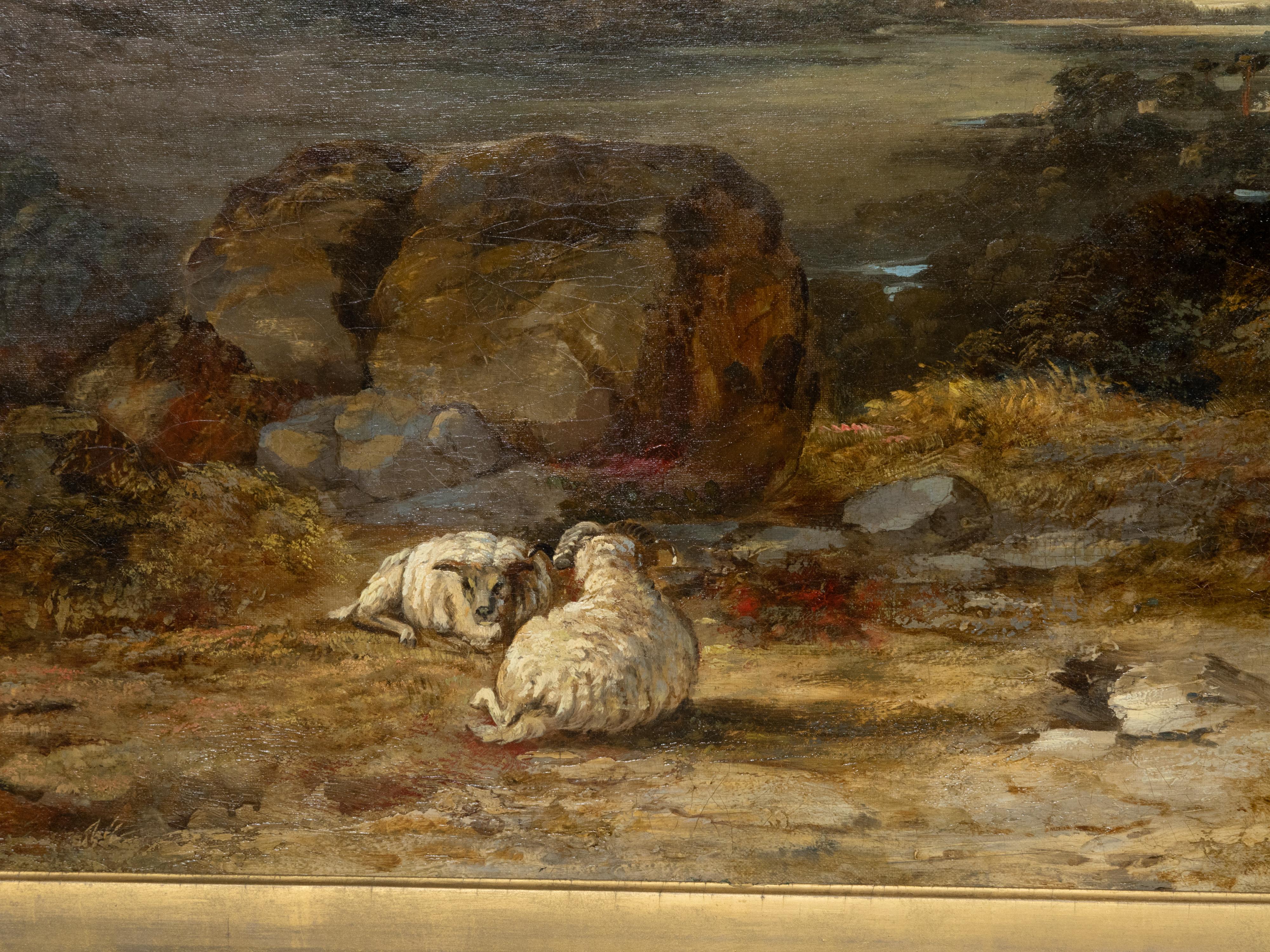 Sculpté Huile sur toile signée Robert The 1847 Peinture de paysage pastoral dans un cadre doré en vente