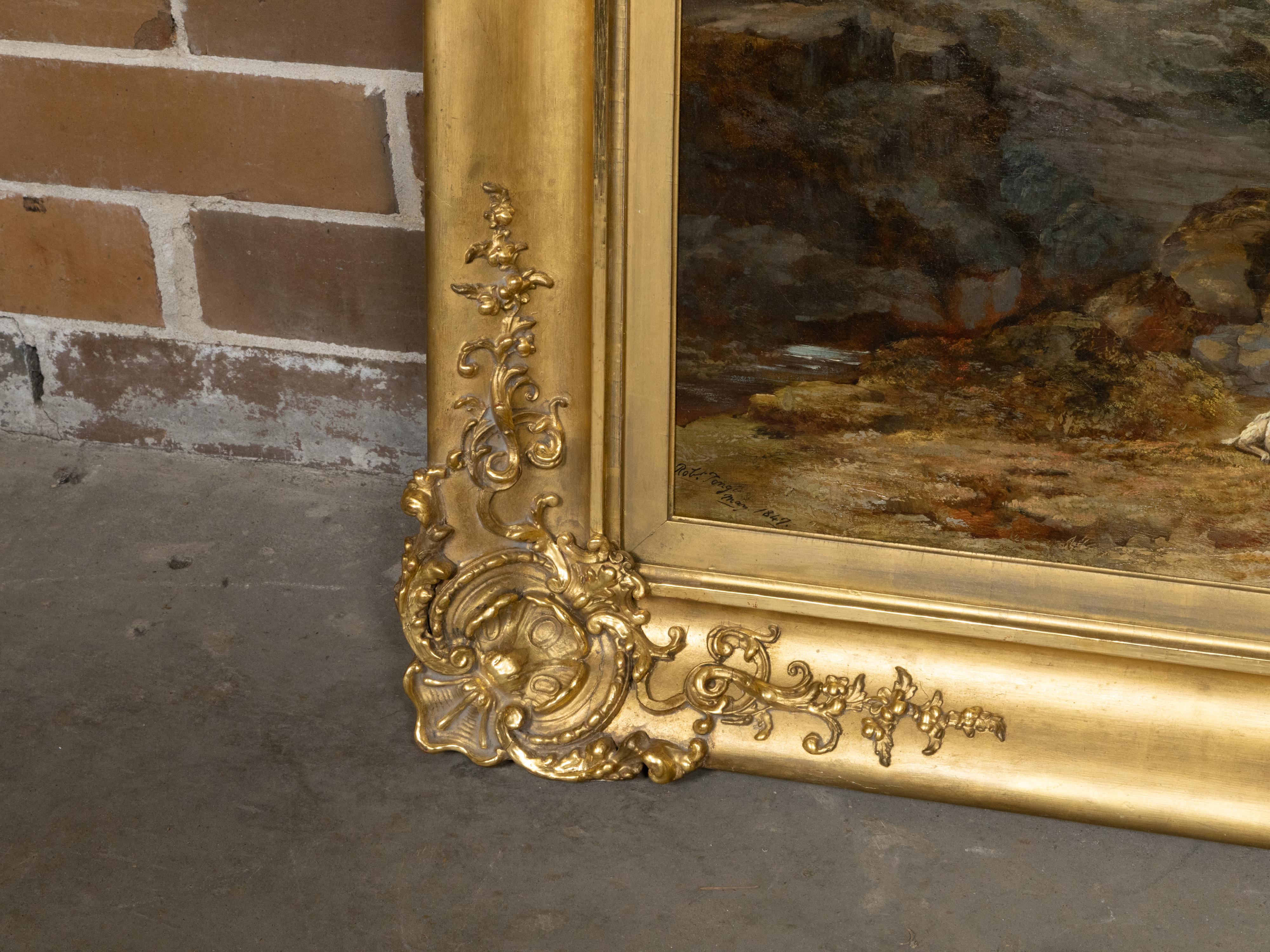 Signed Robert Tonge 1847 Oil on Canvas Pastoral Landscape Painting in Gilt Frame 1