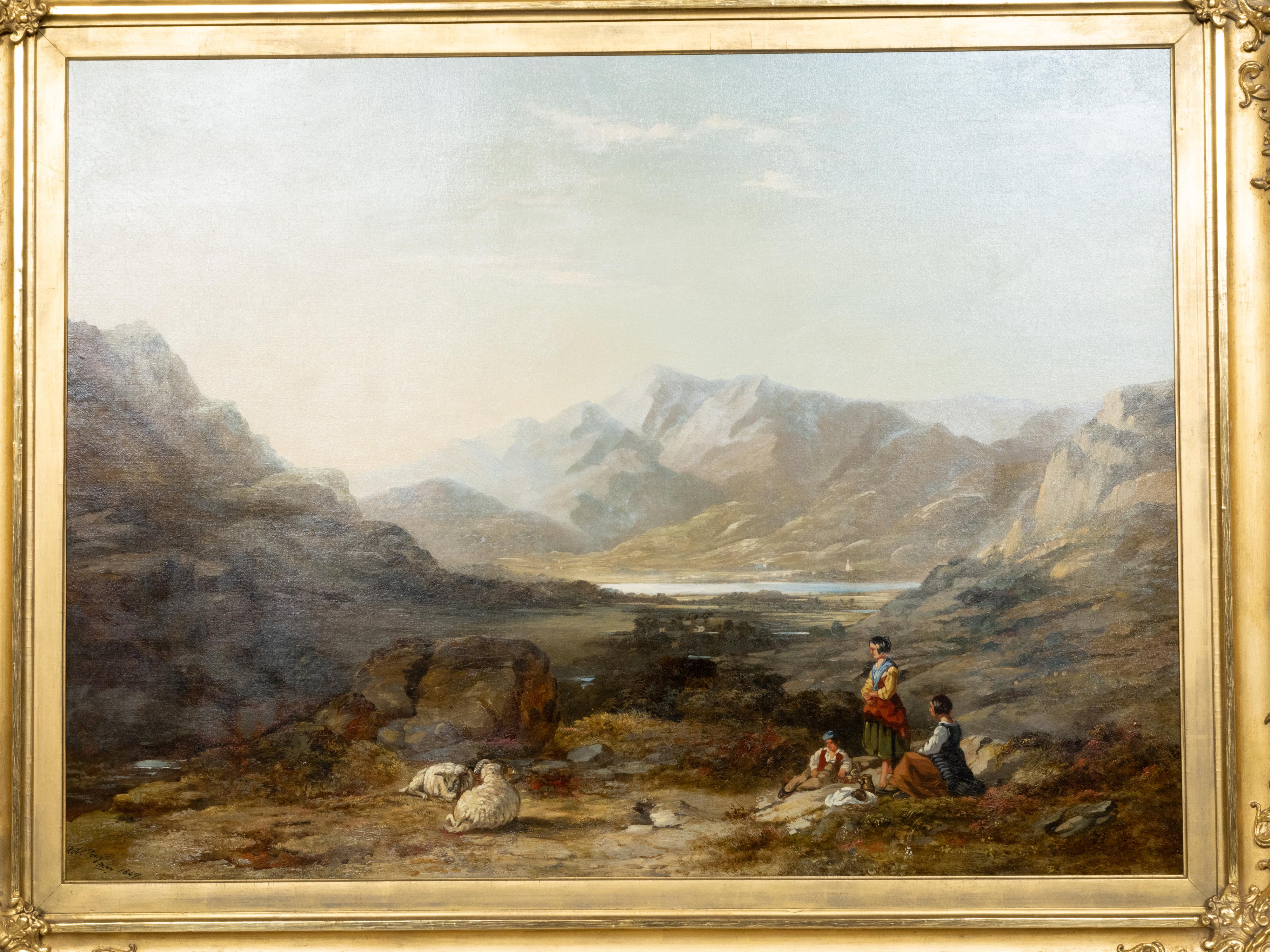 Huile sur toile signée Robert The 1847 Peinture de paysage pastoral dans un cadre doré en vente 2