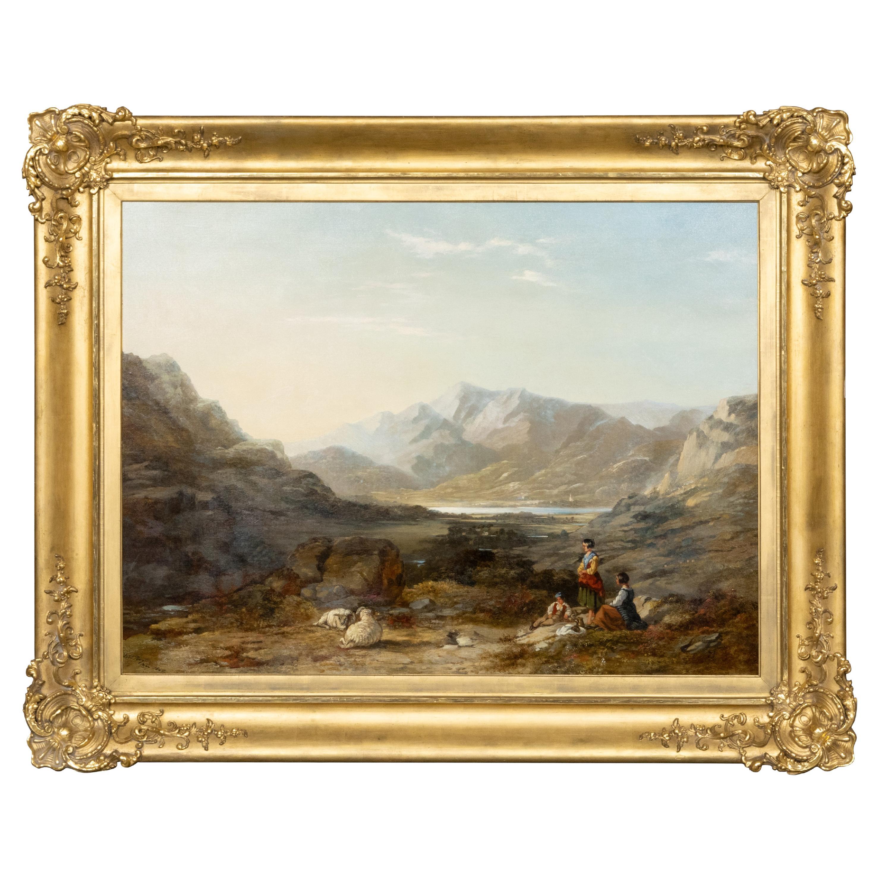 Huile sur toile signée Robert The 1847 Peinture de paysage pastoral dans un cadre doré en vente