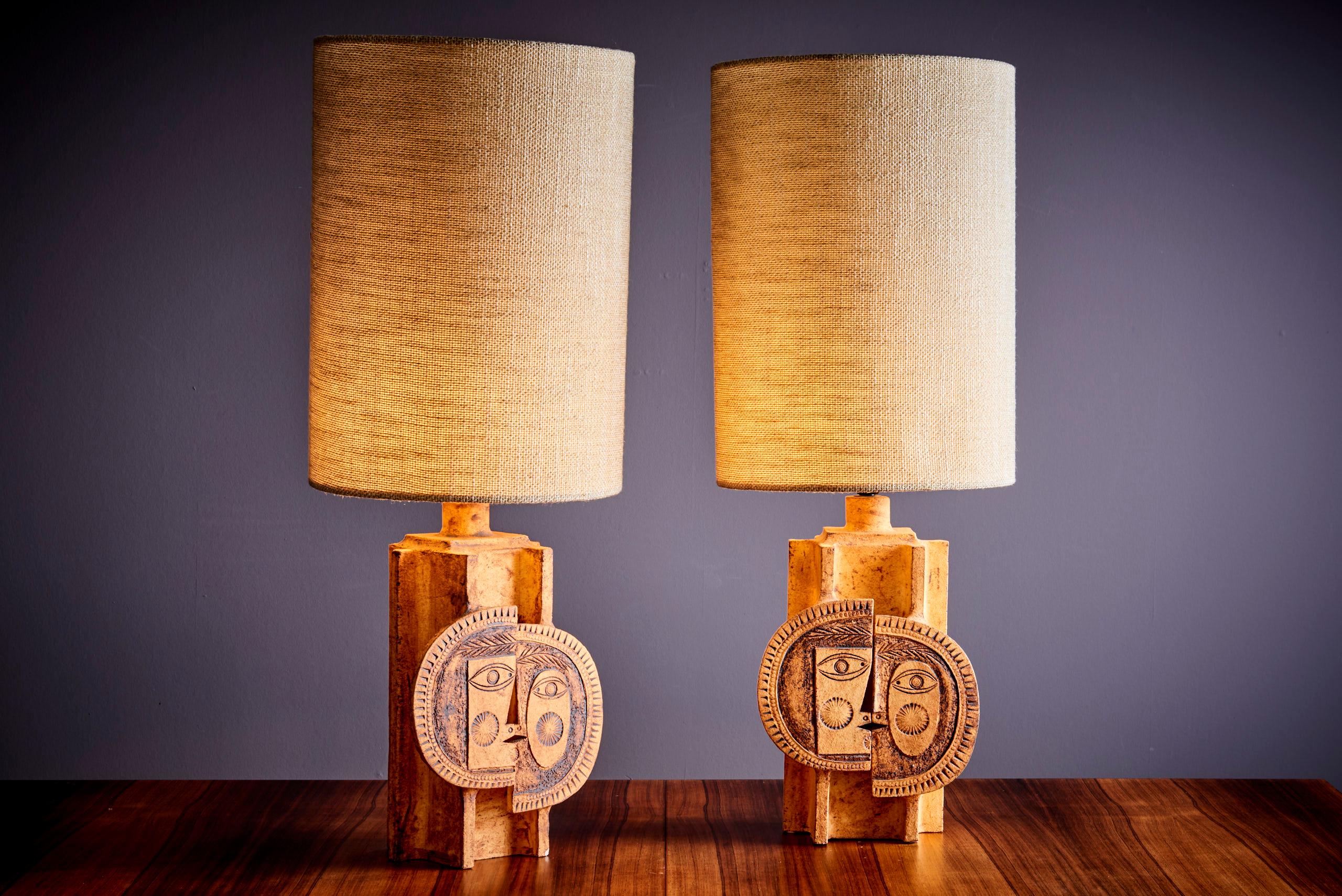 French signed Roger Capron & Jean Derval Pair of Iconic Ceramic table lamps - 1970s For Sale