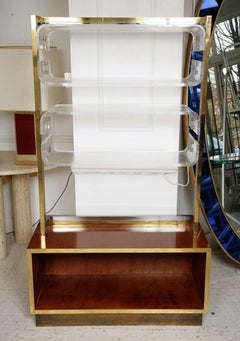 Signed Romeo Rega Brass Chrome and Lucite Bookshelf with Burl Walnut Base