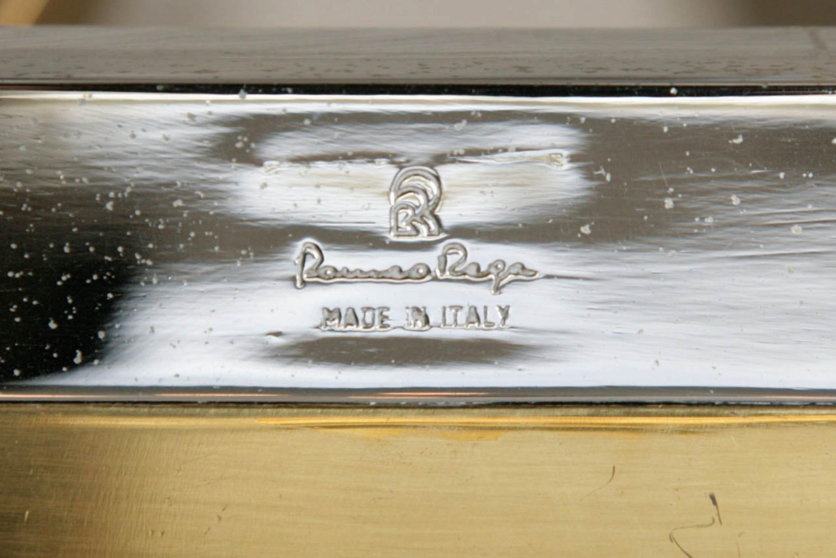 Mid-Century Modern Signed Romeo Rega Brass Chrome and Lucite Bookshelf with Burl Walnut Base For Sale