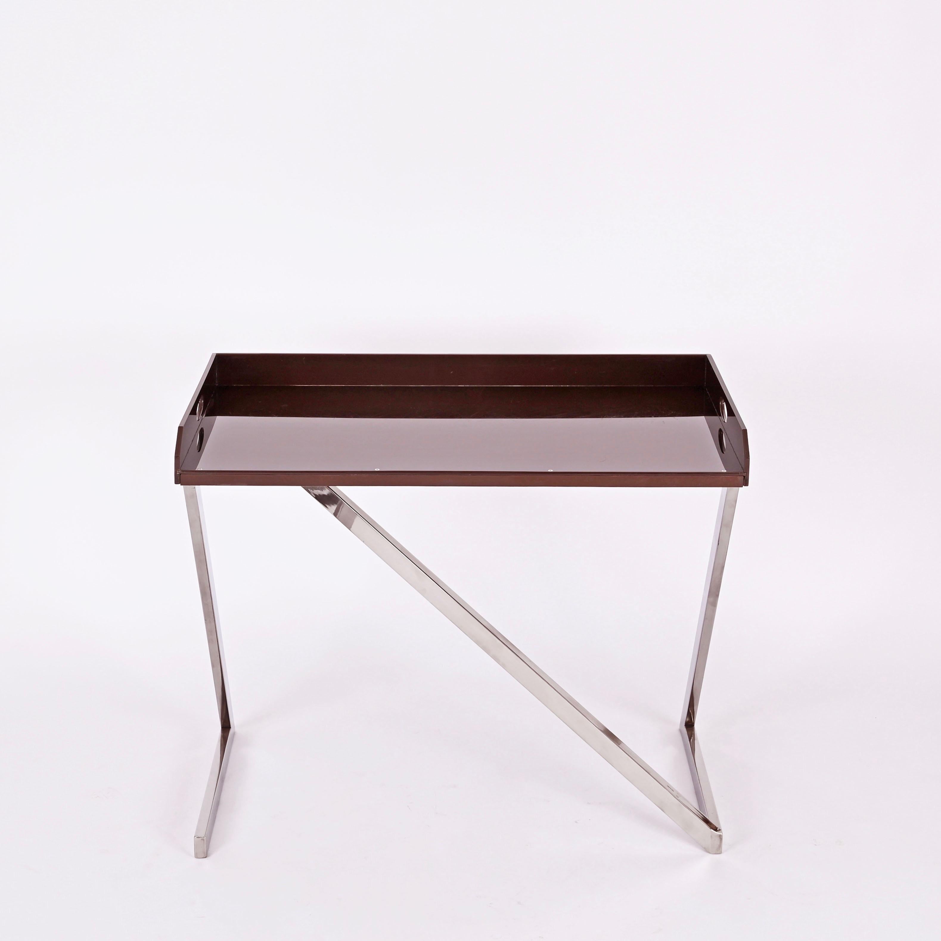 Signed Romeo Rega Console or Desk in Chrome and Brown Plexiglass, Italy 1970s For Sale 3