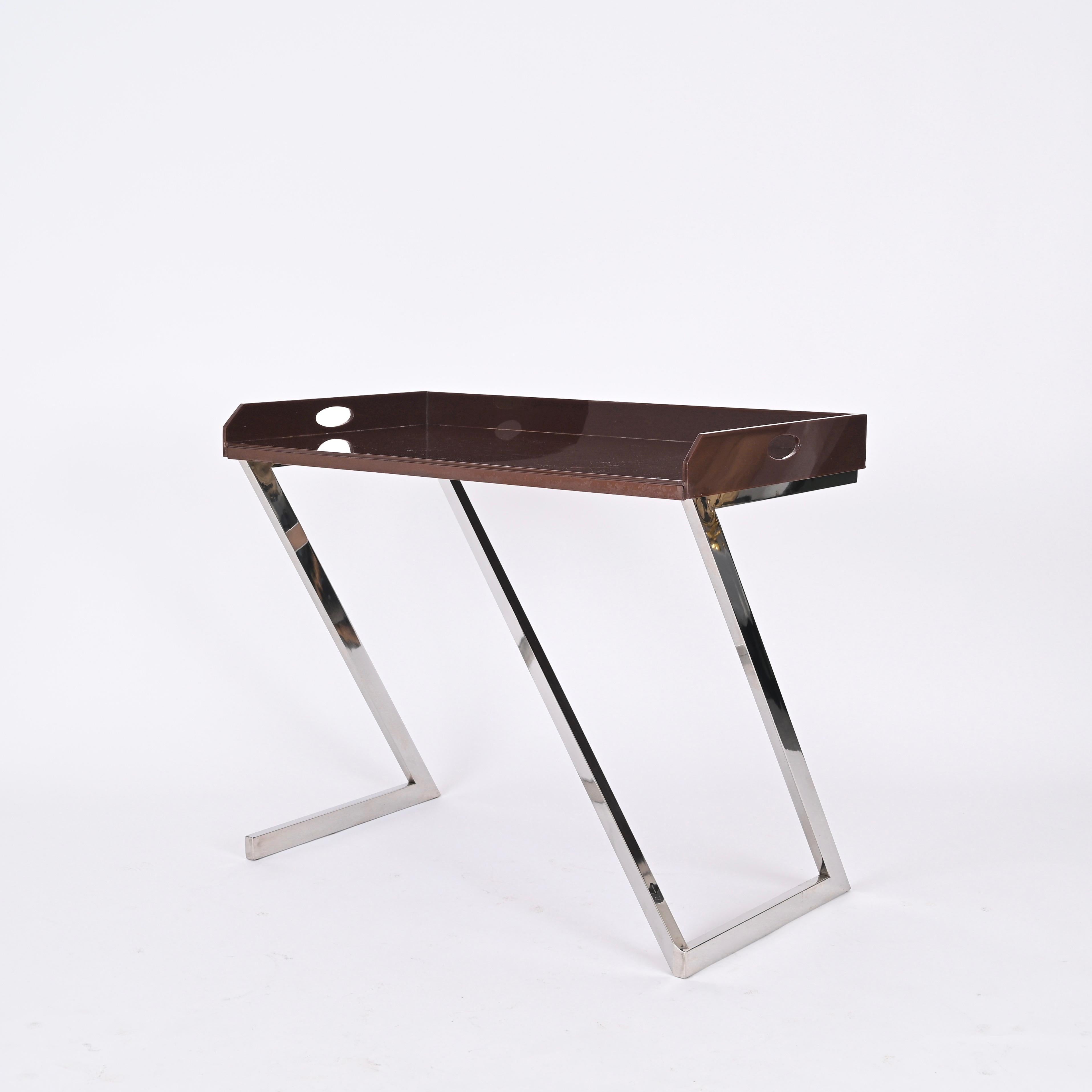 Signed Romeo Rega Console or Desk in Chrome and Brown Plexiglass, Italy 1970s For Sale 4