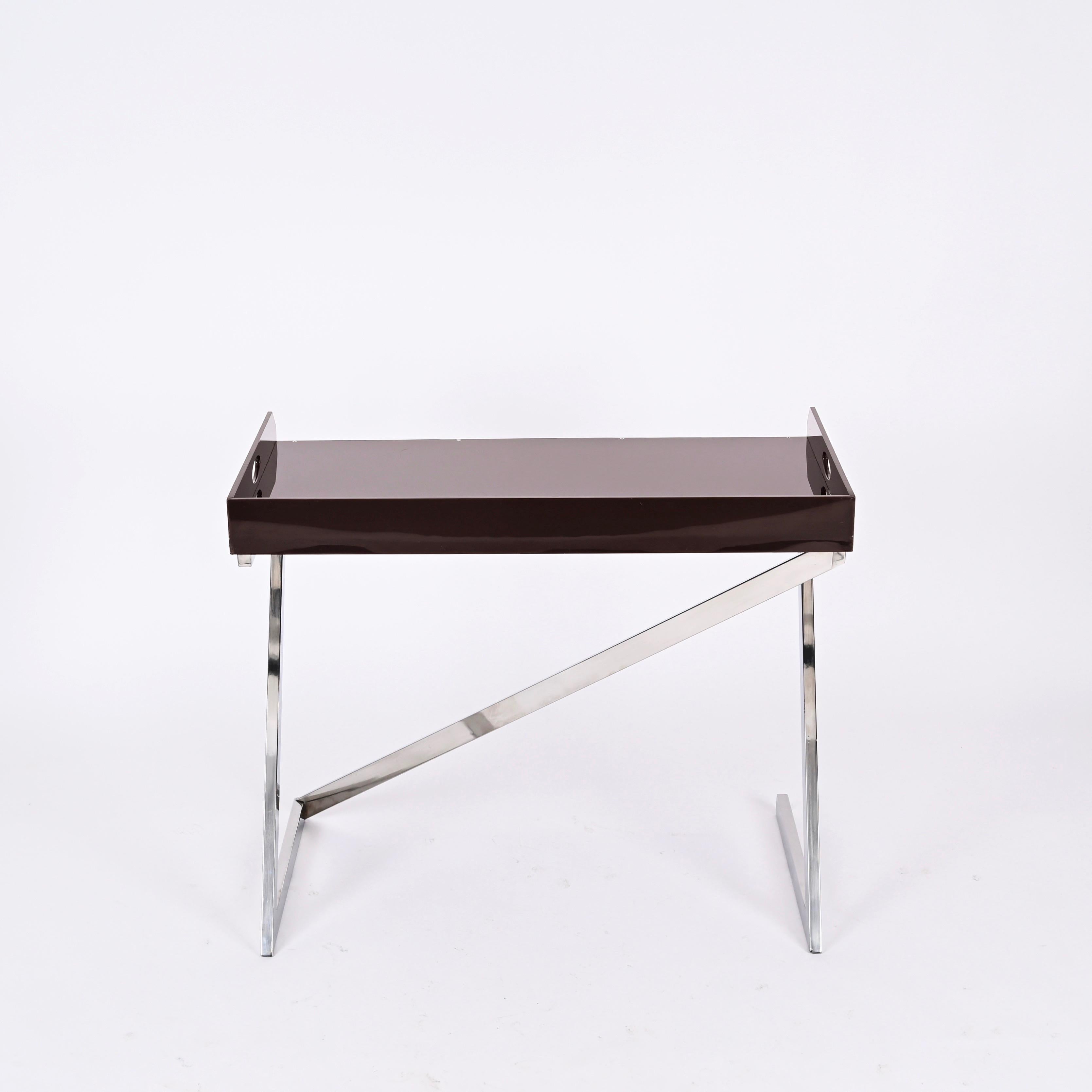 Signed Romeo Rega Console or Desk in Chrome and Brown Plexiglass, Italy 1970s For Sale 5