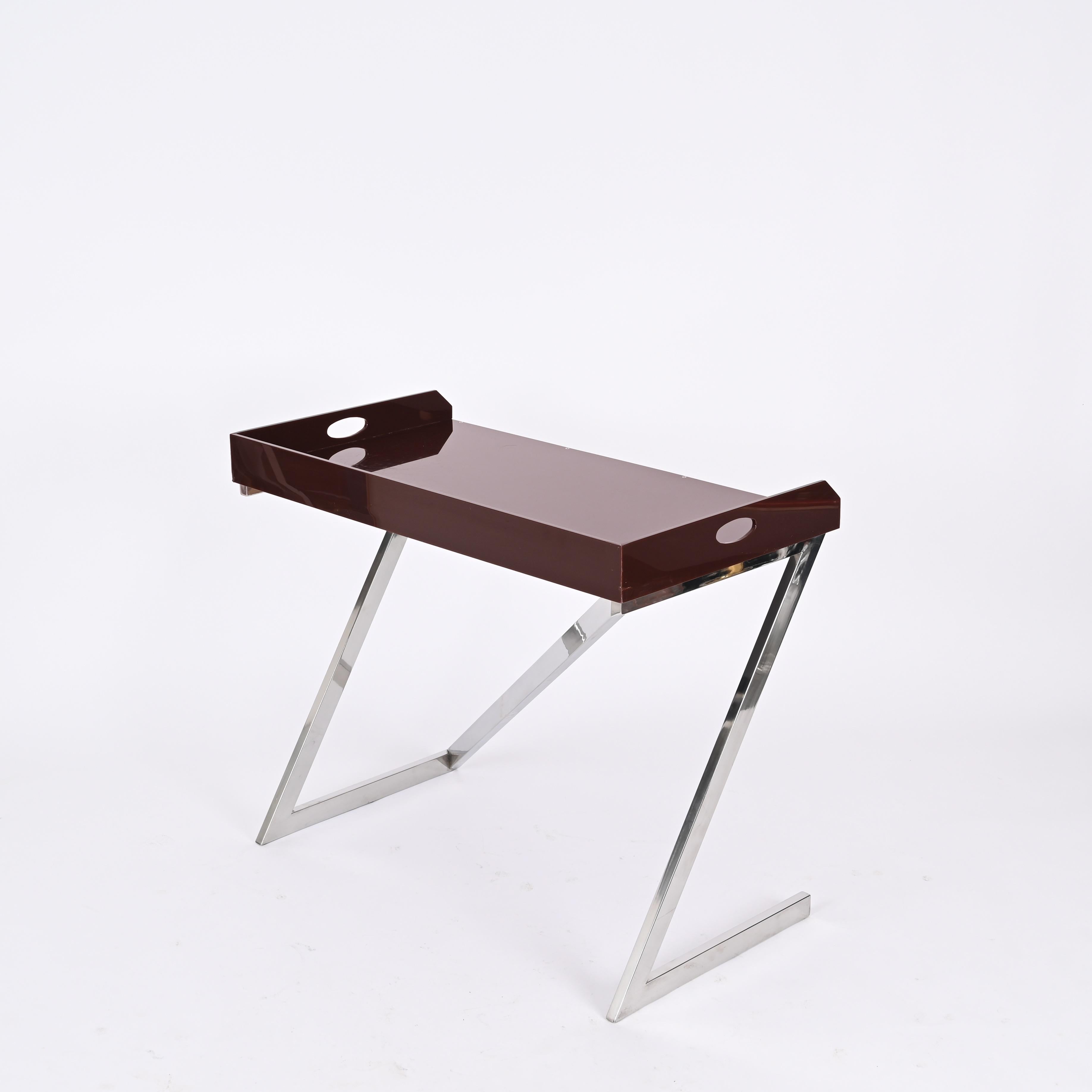 Signed Romeo Rega Console or Desk in Chrome and Brown Plexiglass, Italy 1970s For Sale 6