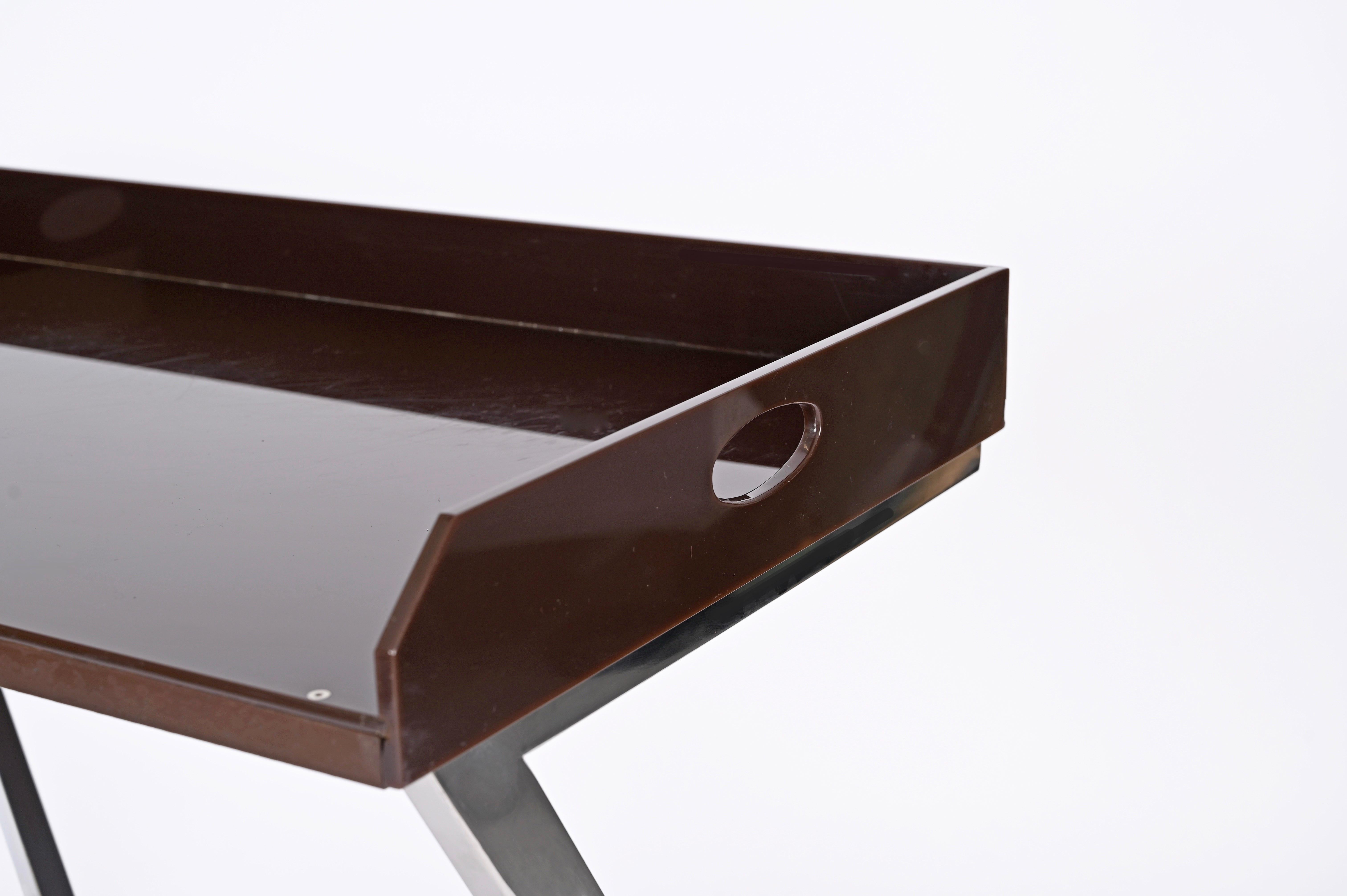 Signed Romeo Rega Console or Desk in Chrome and Brown Plexiglass, Italy 1970s For Sale 8